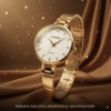 ECSTATIC Quartz Analog White Round Stone Dial & Gold Metal Strap Watch For Women