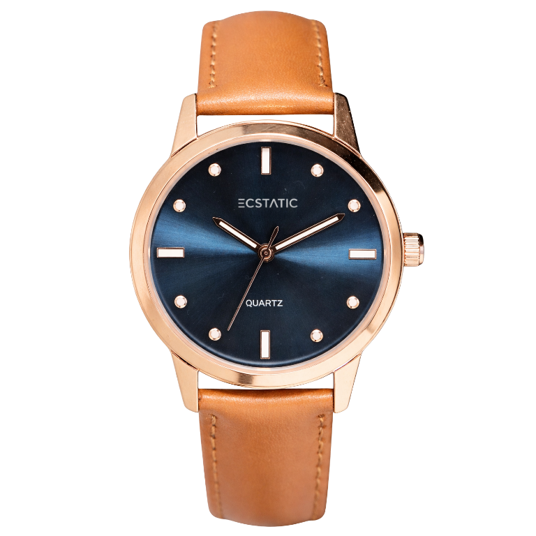 ECSTATIC - Gold plated, Metal case, Genuine Tan leather, Blue dial, Men's watch