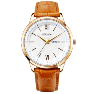 ECSTATIC - Gold plated, Metal case, Genuine Tan leather with croco pattern, White dial, Day and date, Men's watch