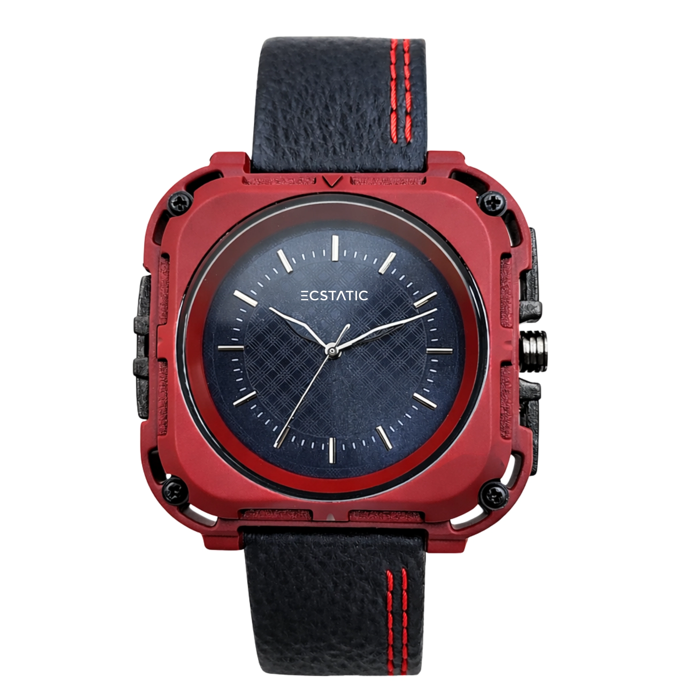 ECSTATIC Quartz Analog Square Dial Red Case & Black Leather Strap Watch for Men