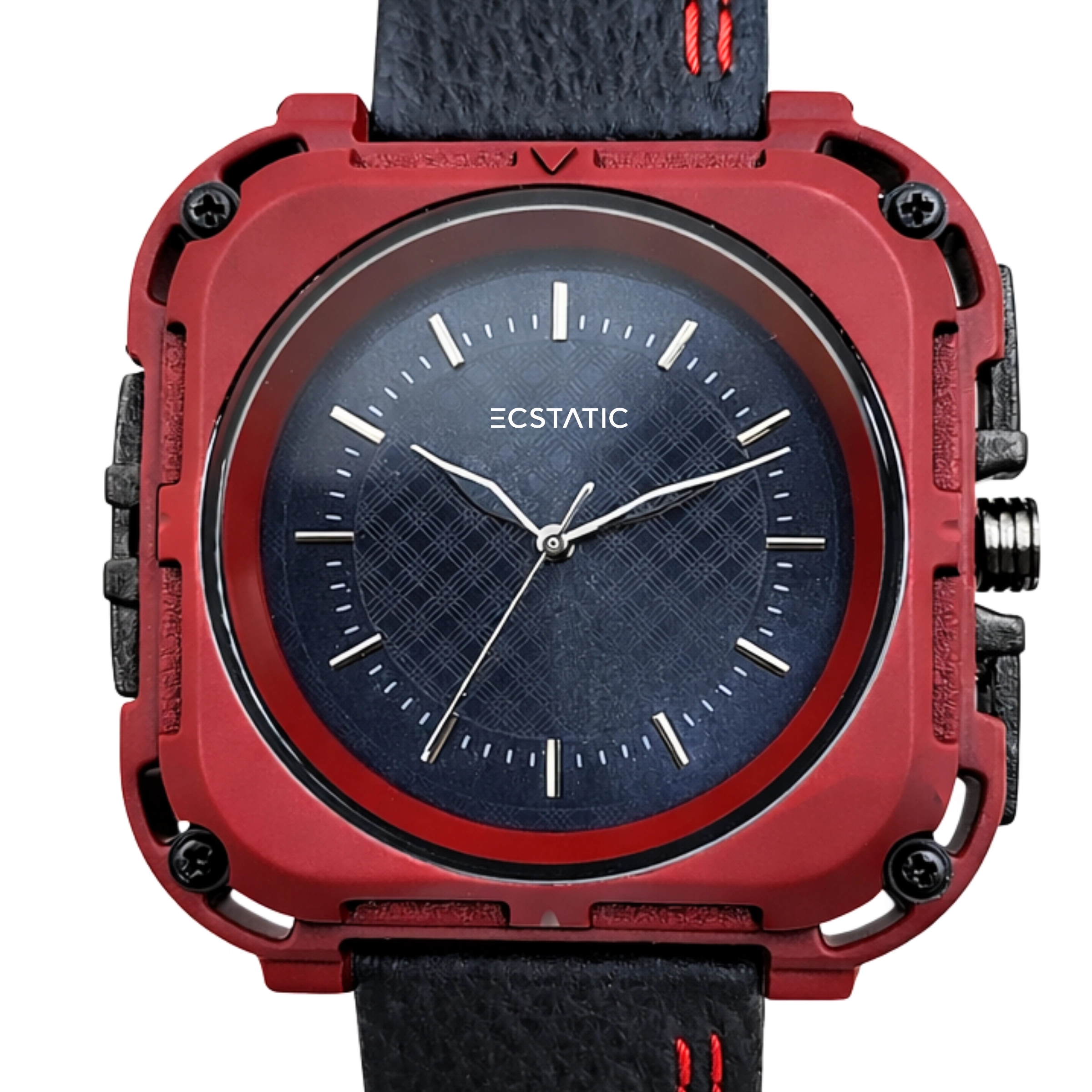 ECSTATIC Quartz Analog Square Dial Red Case & Black Leather Strap Watch for Men