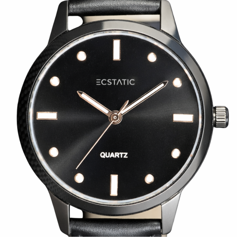 ECSTATIC - Black plated, Metal case, Genuine Black leather, Black dial, Men's watch