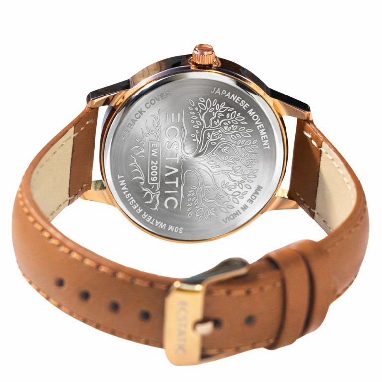 ECSTATIC - Gold plated, Metal case, Genuine Tan leather, Blue dial, Men's watch