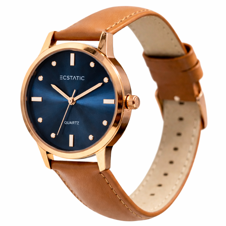 ECSTATIC - Gold plated, Metal case, Genuine Tan leather, Blue dial, Men's watch