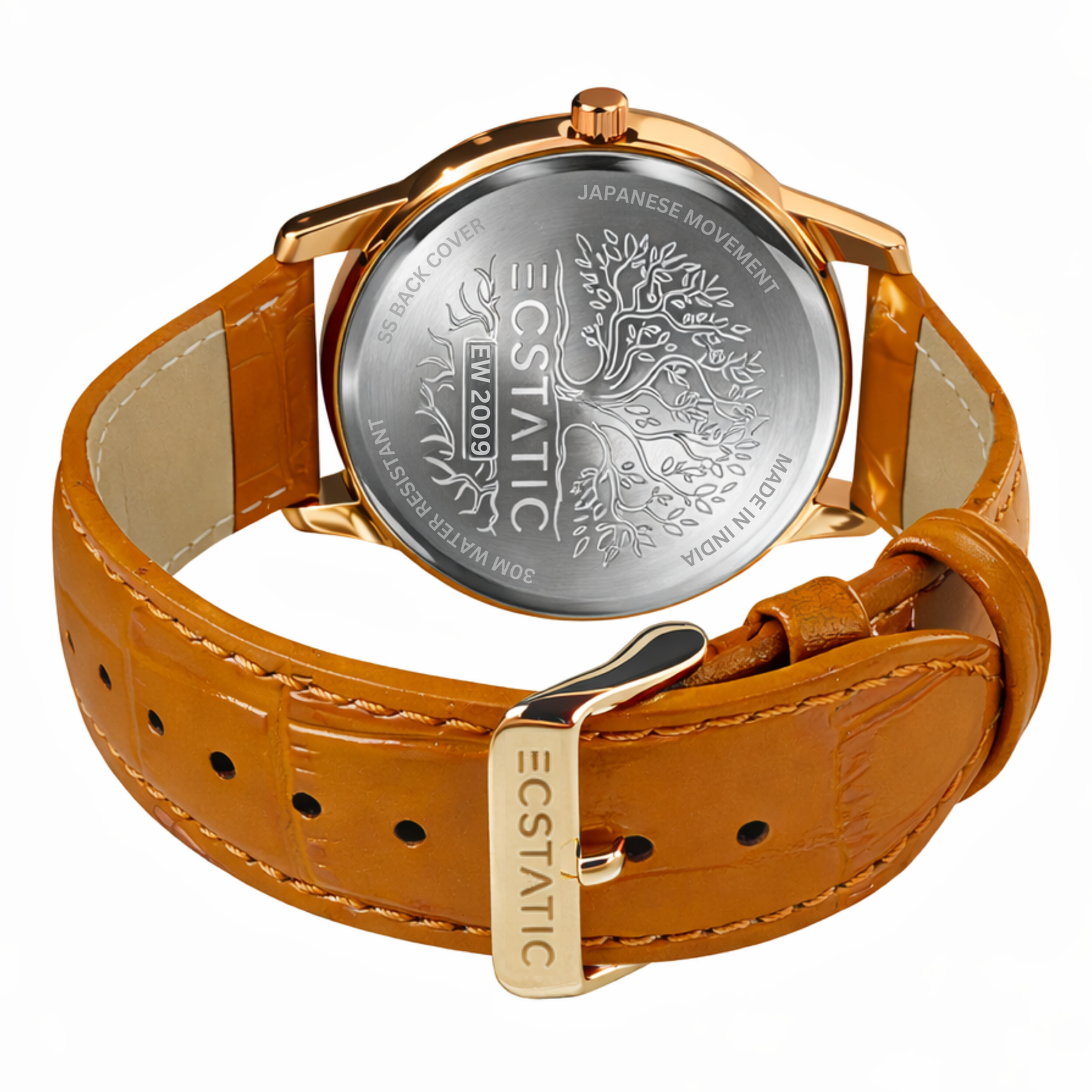 ECSTATIC - Gold plated, Metal case, Genuine Tan leather with croco pattern, White dial, Day and date, Men's watch