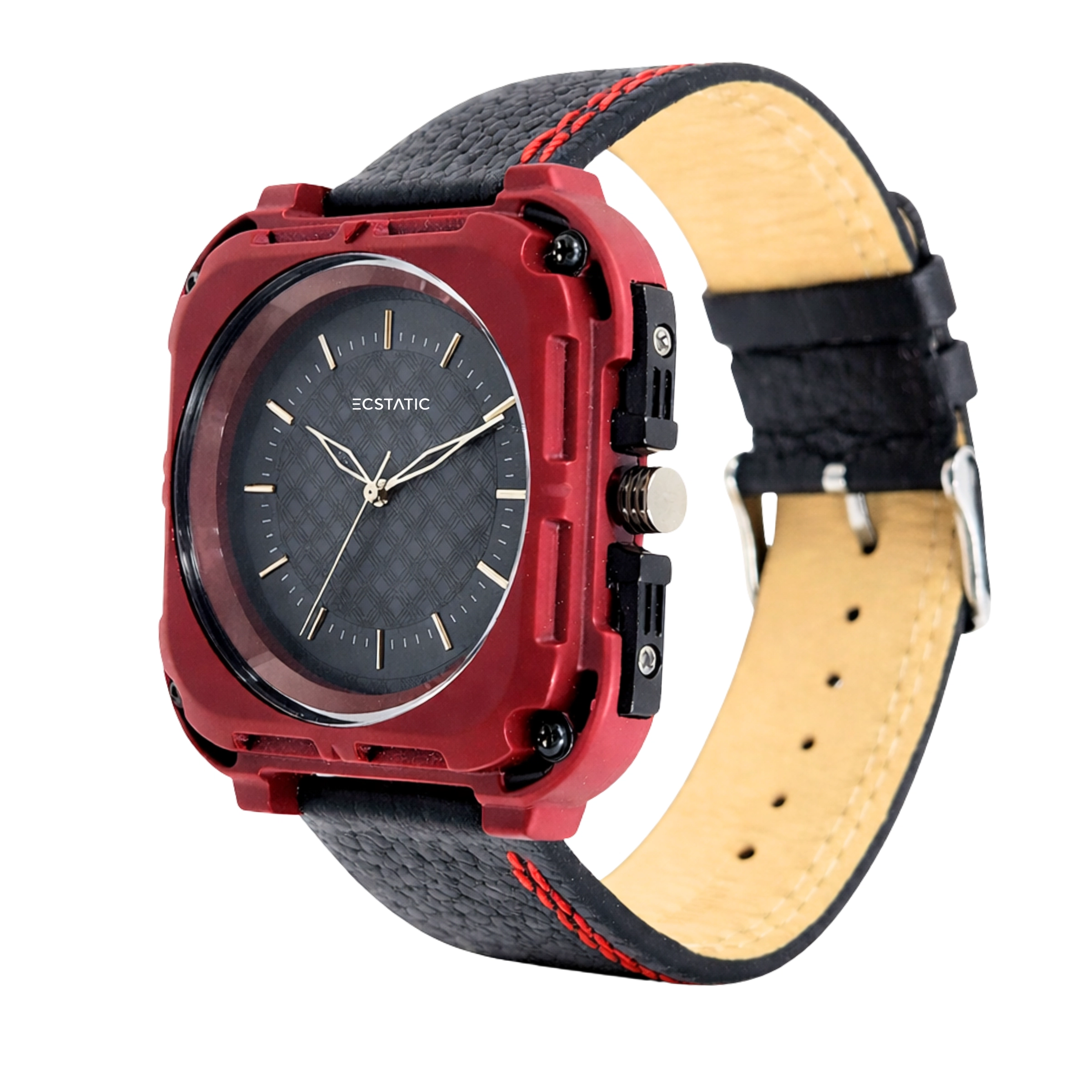 ECSTATIC Quartz Analog Square Dial Red Case & Black Leather Strap Watch for Men