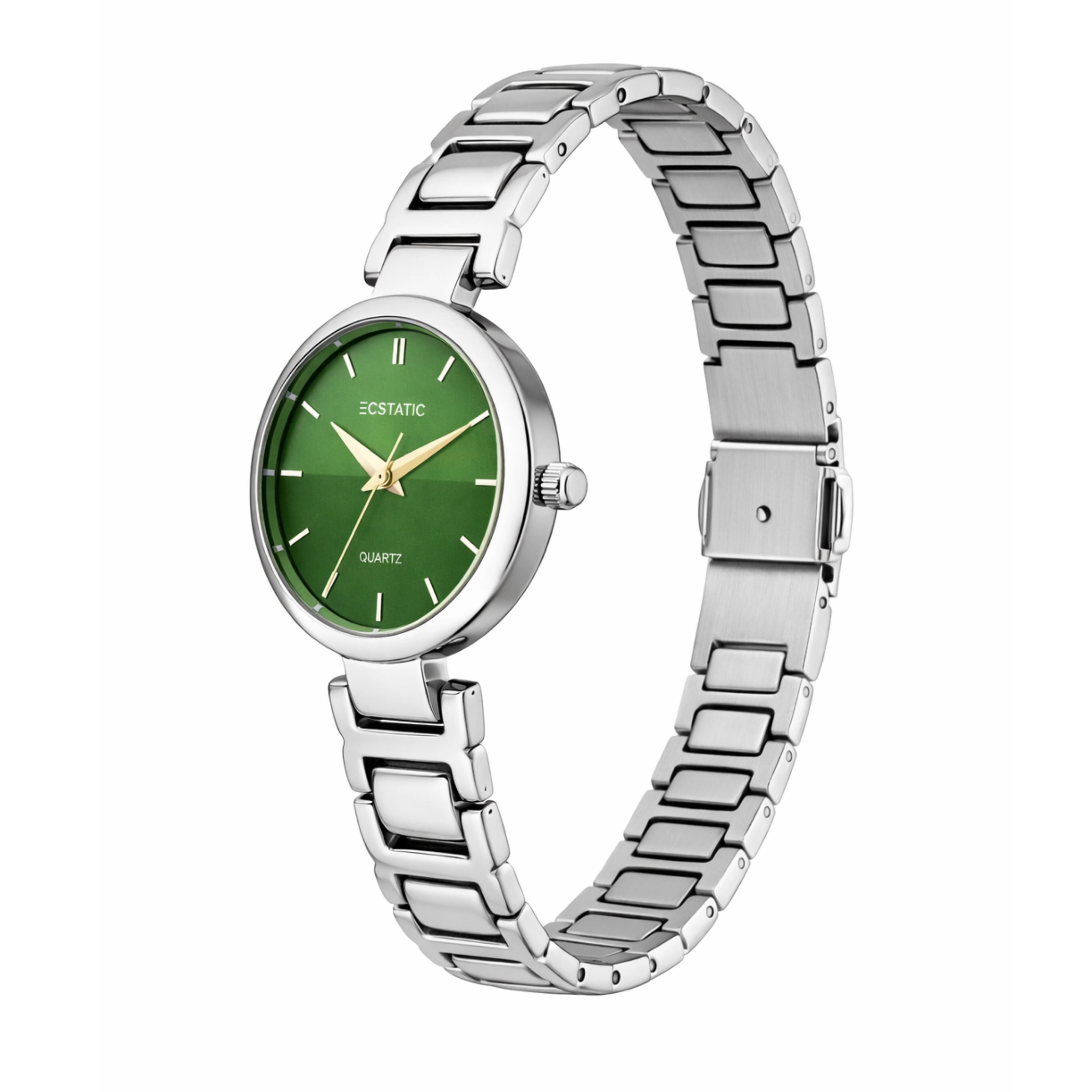 ECSTATIC - Steel look, Metal case, metal band, Green dial, Women's watch