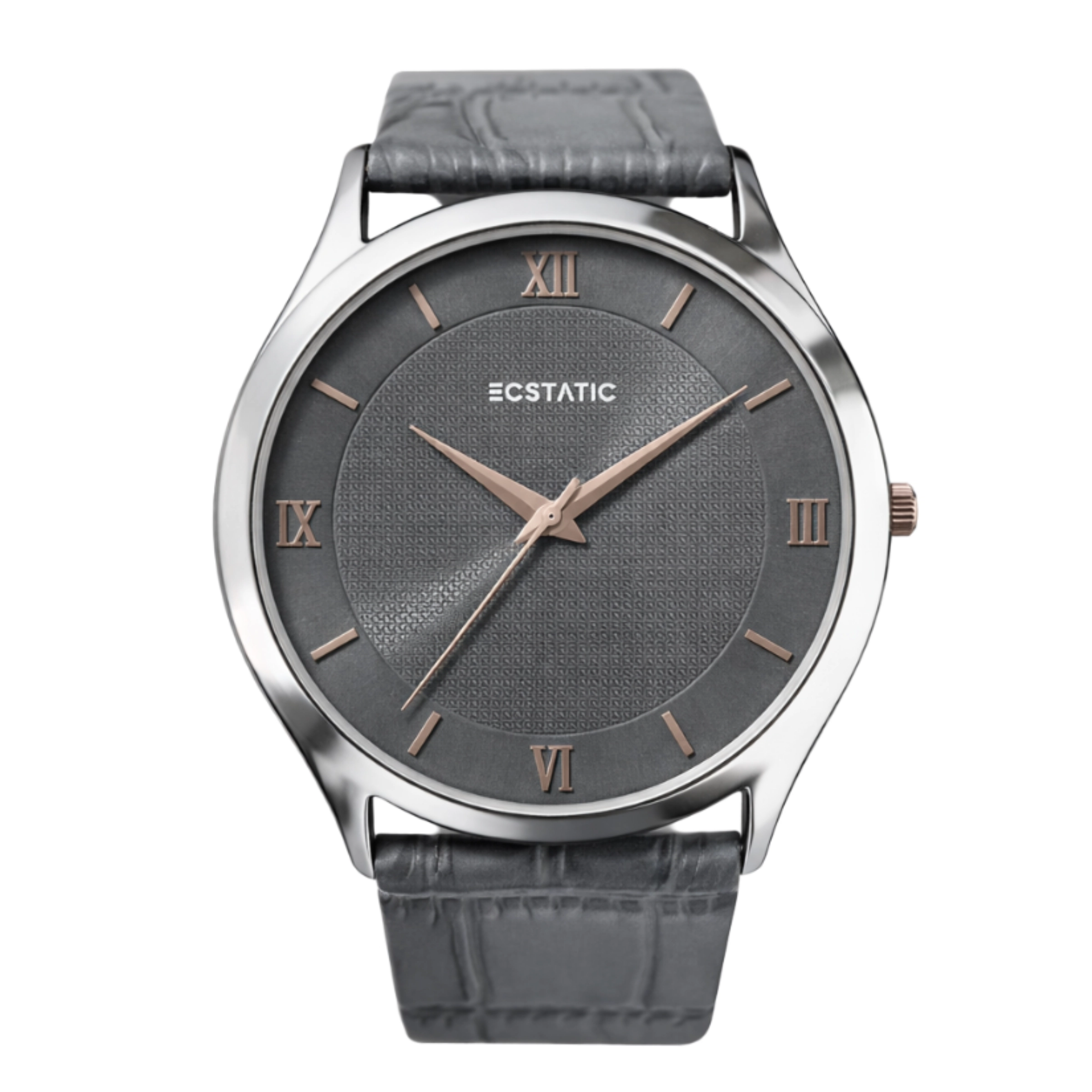 ECSTATIC - Steel look, Metal case, Genuine grey croco pattern strap, Grey dial, Men's watch