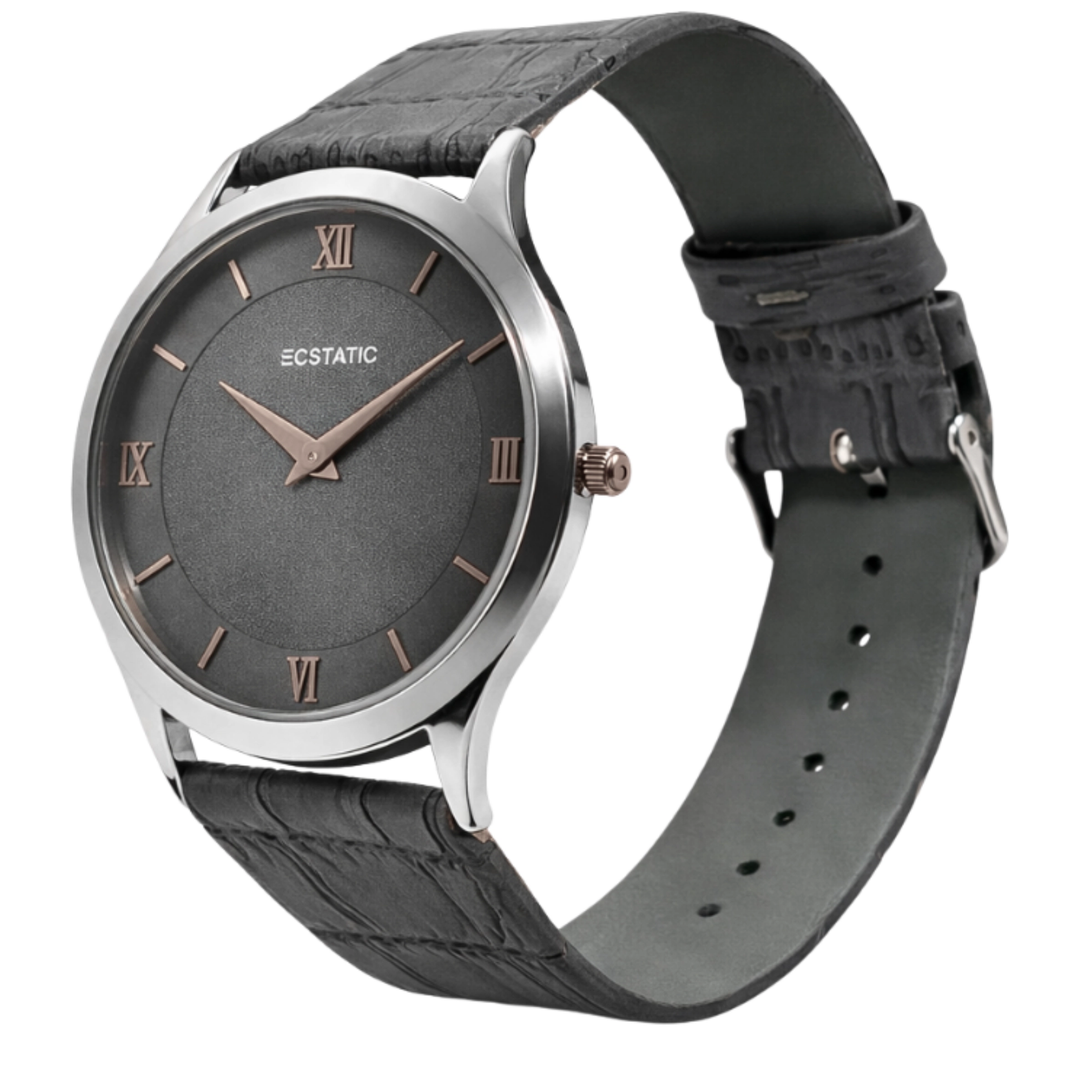 ECSTATIC - Steel look, Metal case, Genuine grey croco pattern strap, Grey dial, Men's watch