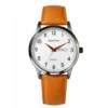 ECSTATIC - Steel look, Metal case, Genuine tan colour leather strap, Silver white dial, Day & date, Men's watch