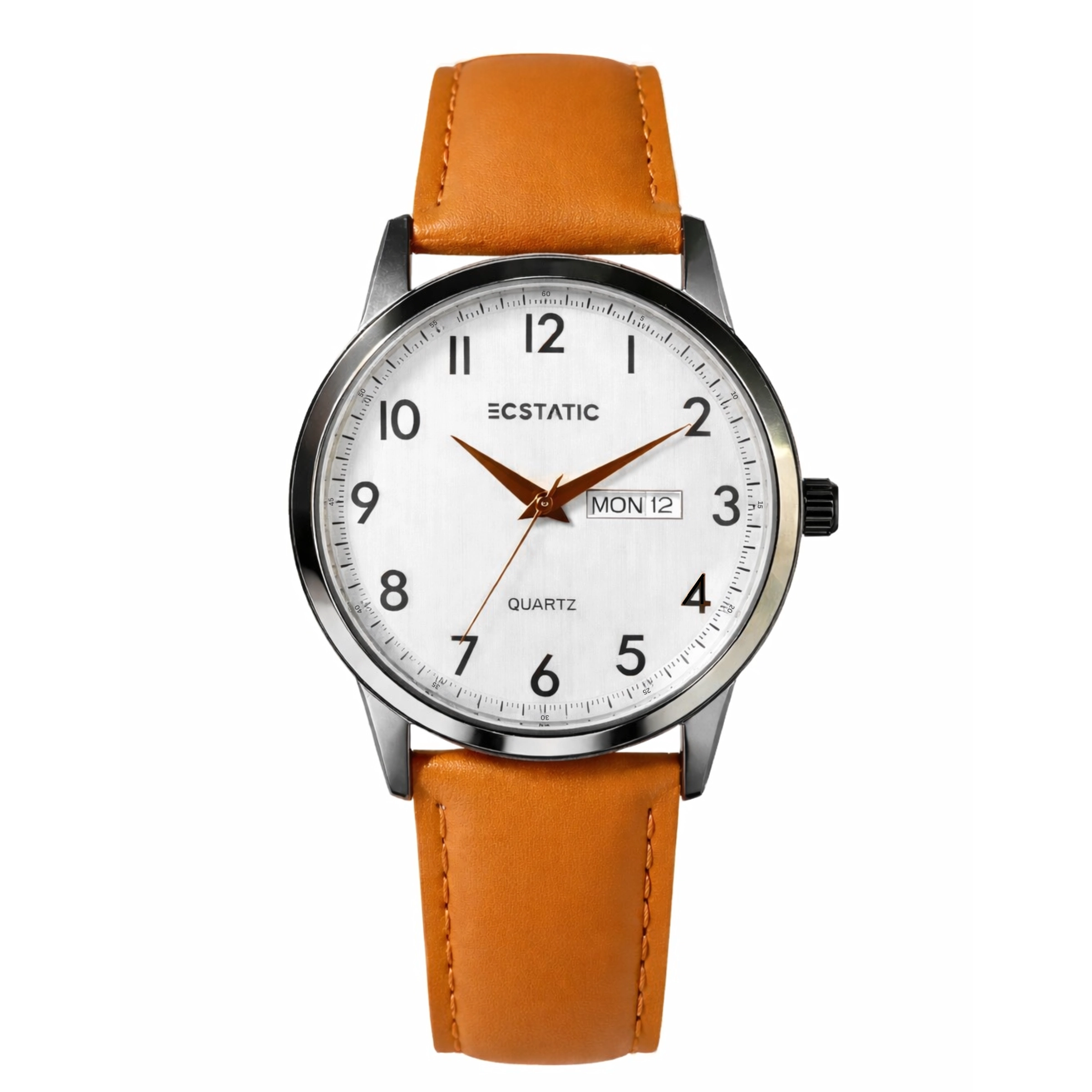 ECSTATIC - Steel look, Metal case, Genuine tan colour leather strap, Silver white dial, Day & date, Men's watch