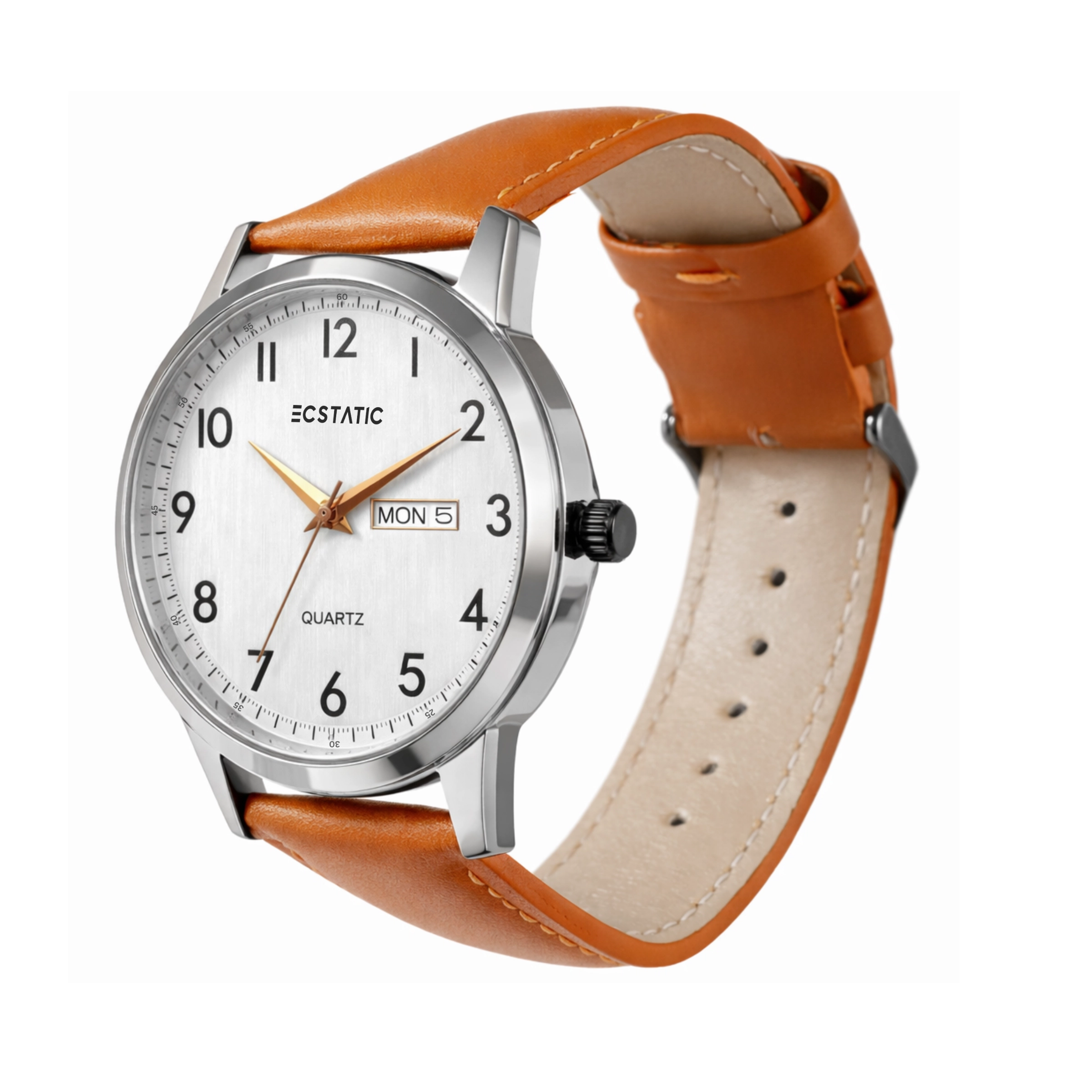 ECSTATIC - Steel look, Metal case, Genuine tan colour leather strap, Silver white dial, Day & date, Men's watch