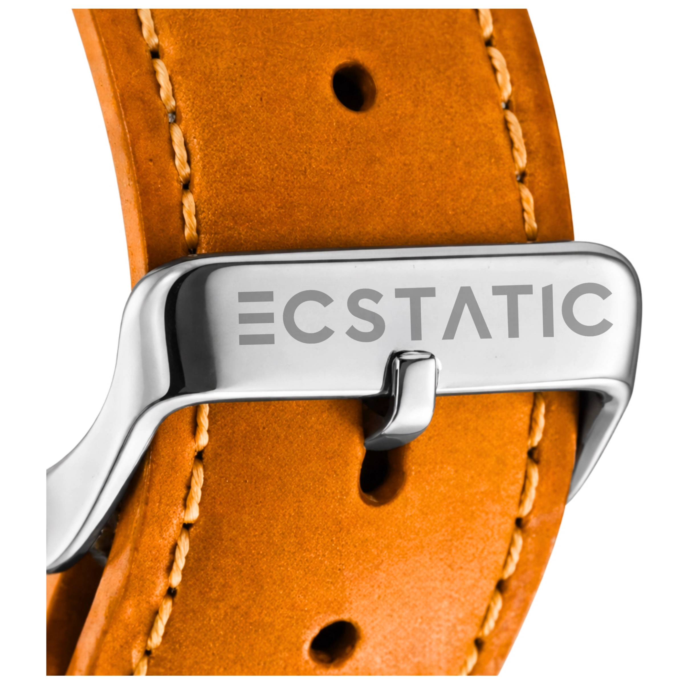 ECSTATIC - Steel look, Metal case, Genuine tan colour leather strap, Silver white dial, Day & date, Men's watch
