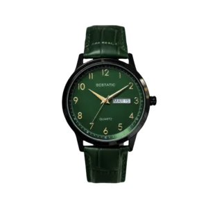 ECSTATIC - Steel look, Metal case, Genuine Green colour leather strap, Green dial, Day & date, Men's watch