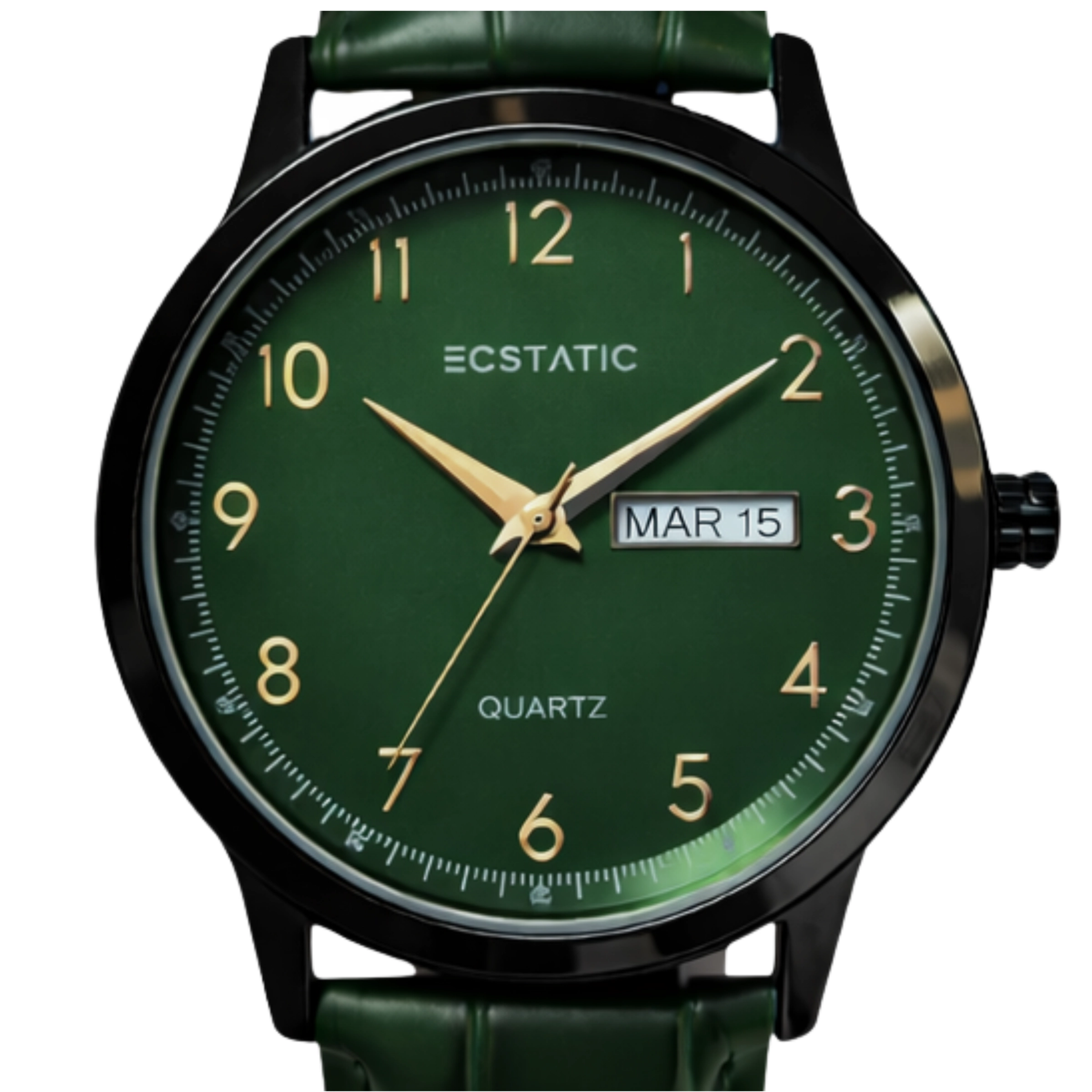 ECSTATIC - Steel look, Metal case, Genuine Green colour leather strap, Green dial, Day & date, Men's watch