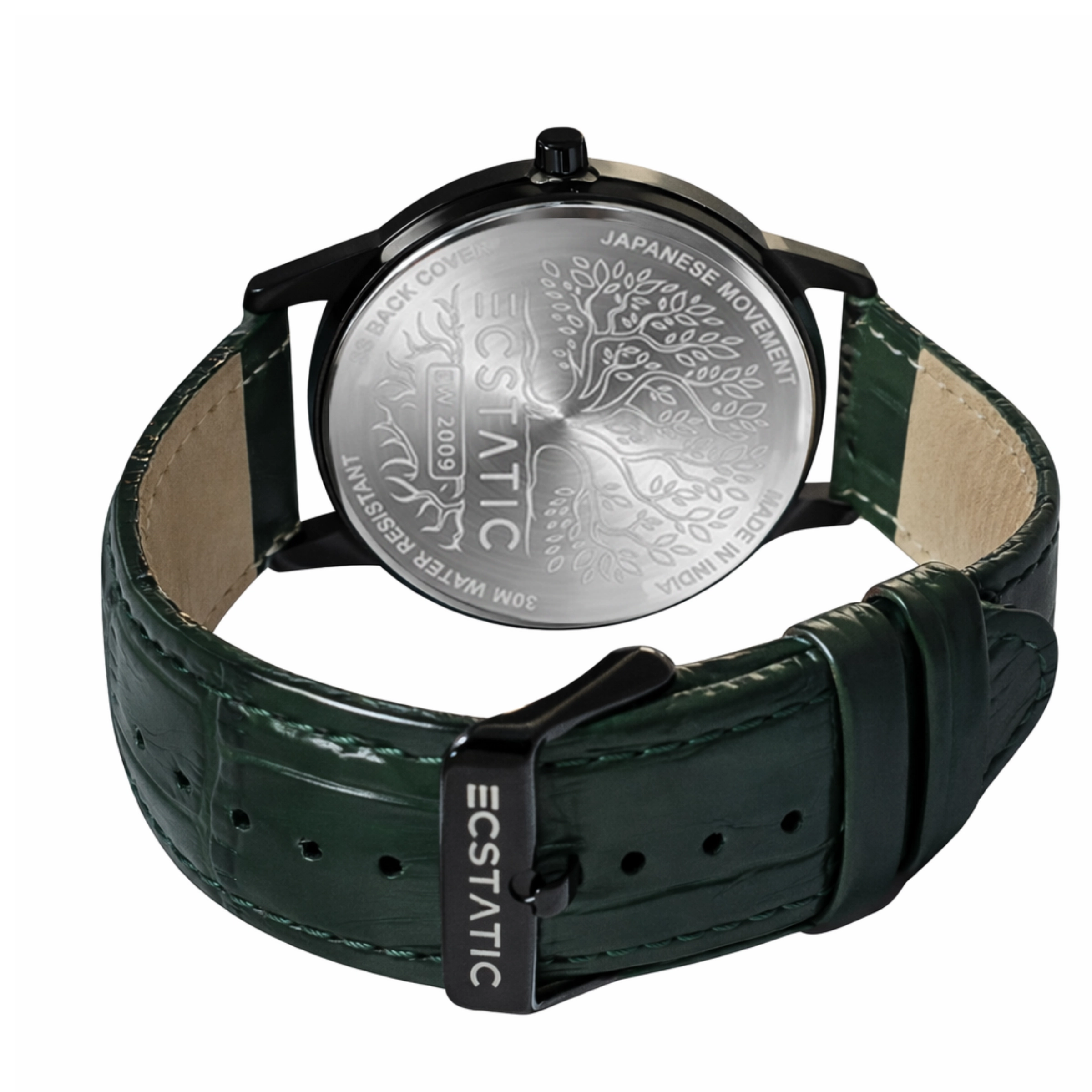 ECSTATIC - Steel look, Metal case, Genuine Green colour leather strap, Green dial, Day & date, Men's watch