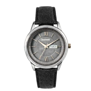 ECSTATIC - Gun plated, Metal case, Genuine black leather strap, Grey dial, Day & date, Men's watch