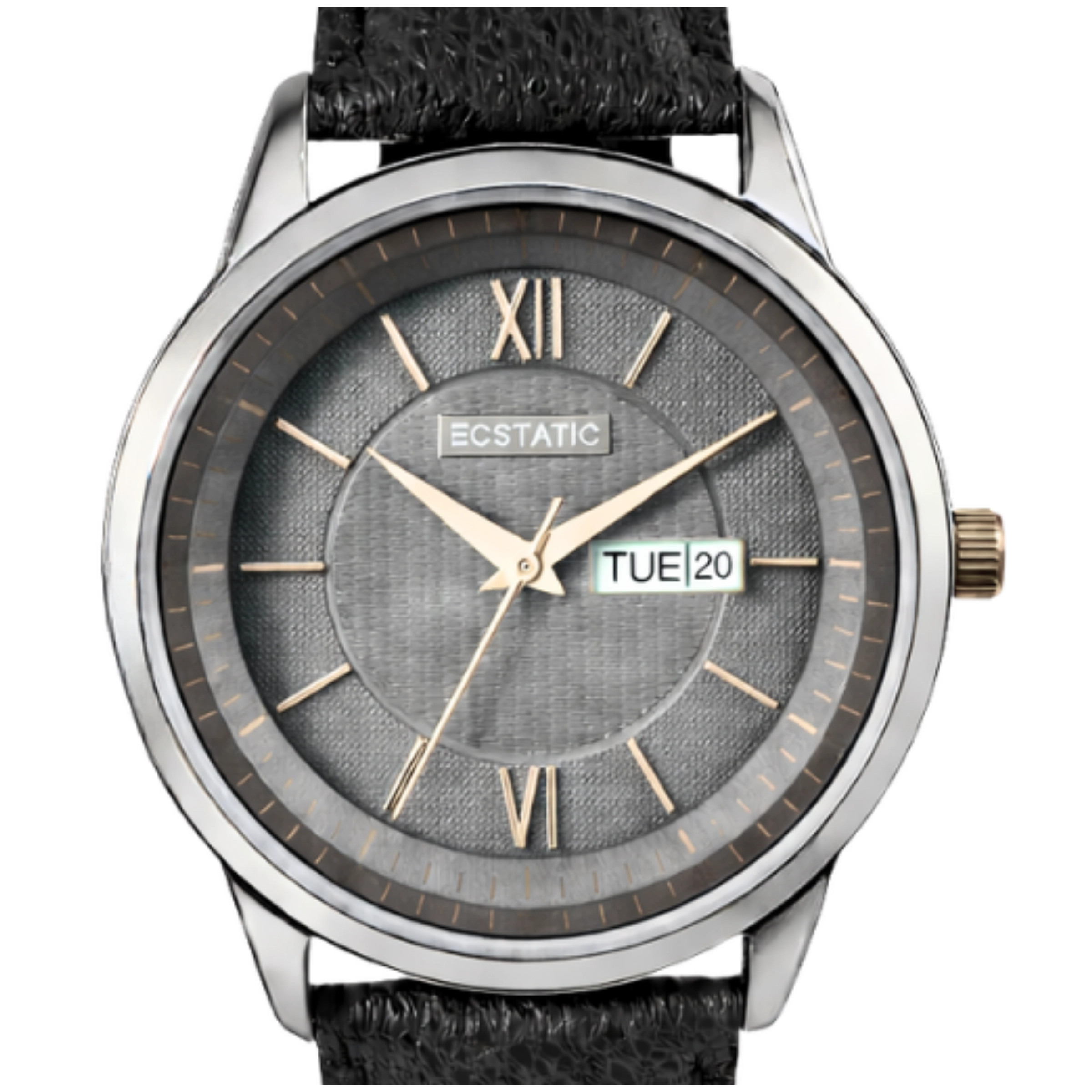 ECSTATIC - Gun plated, Metal case, Genuine black leather strap, Grey dial, Day & date, Men's watch