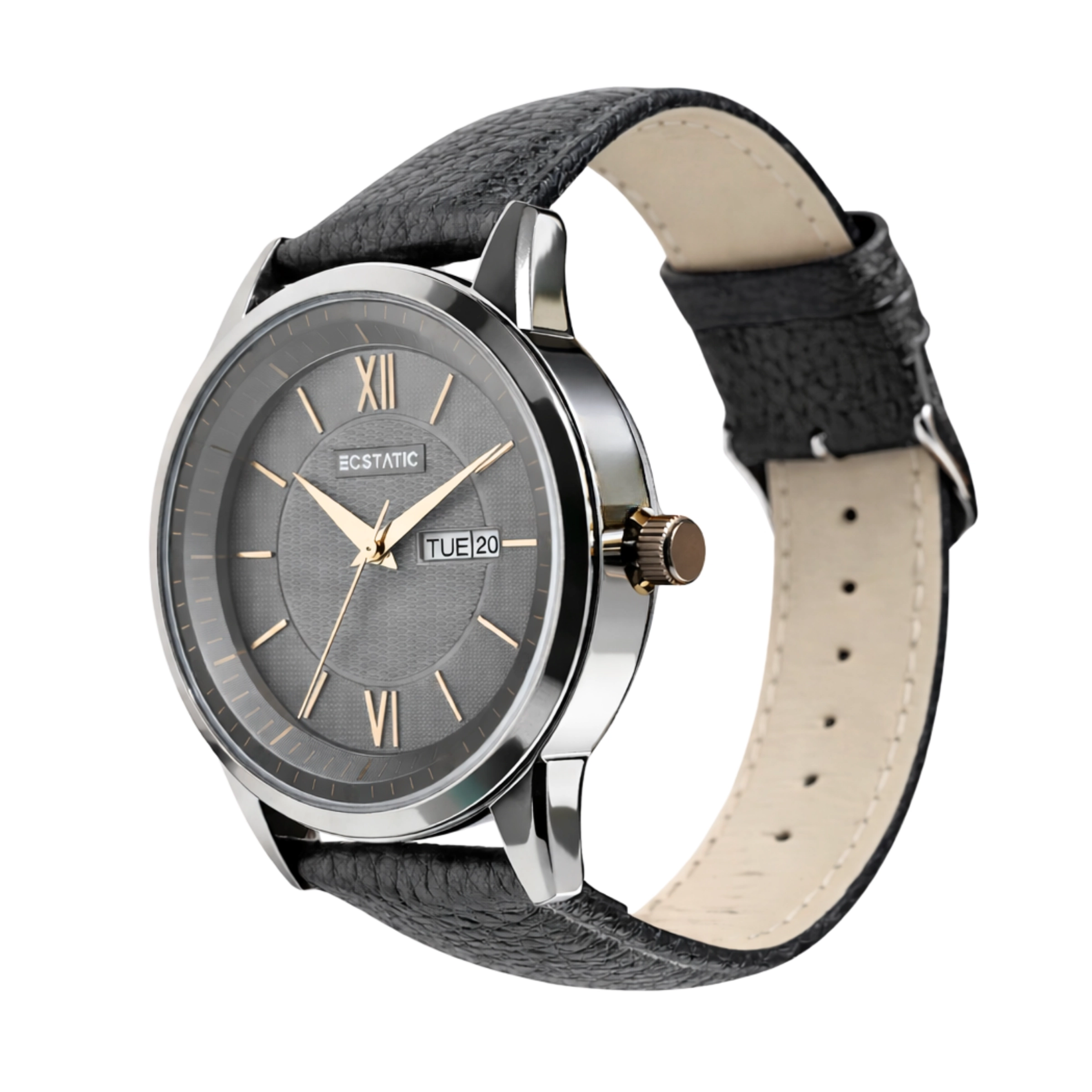 ECSTATIC - Gun plated, Metal case, Genuine black leather strap, Grey dial, Day & date, Men's watch