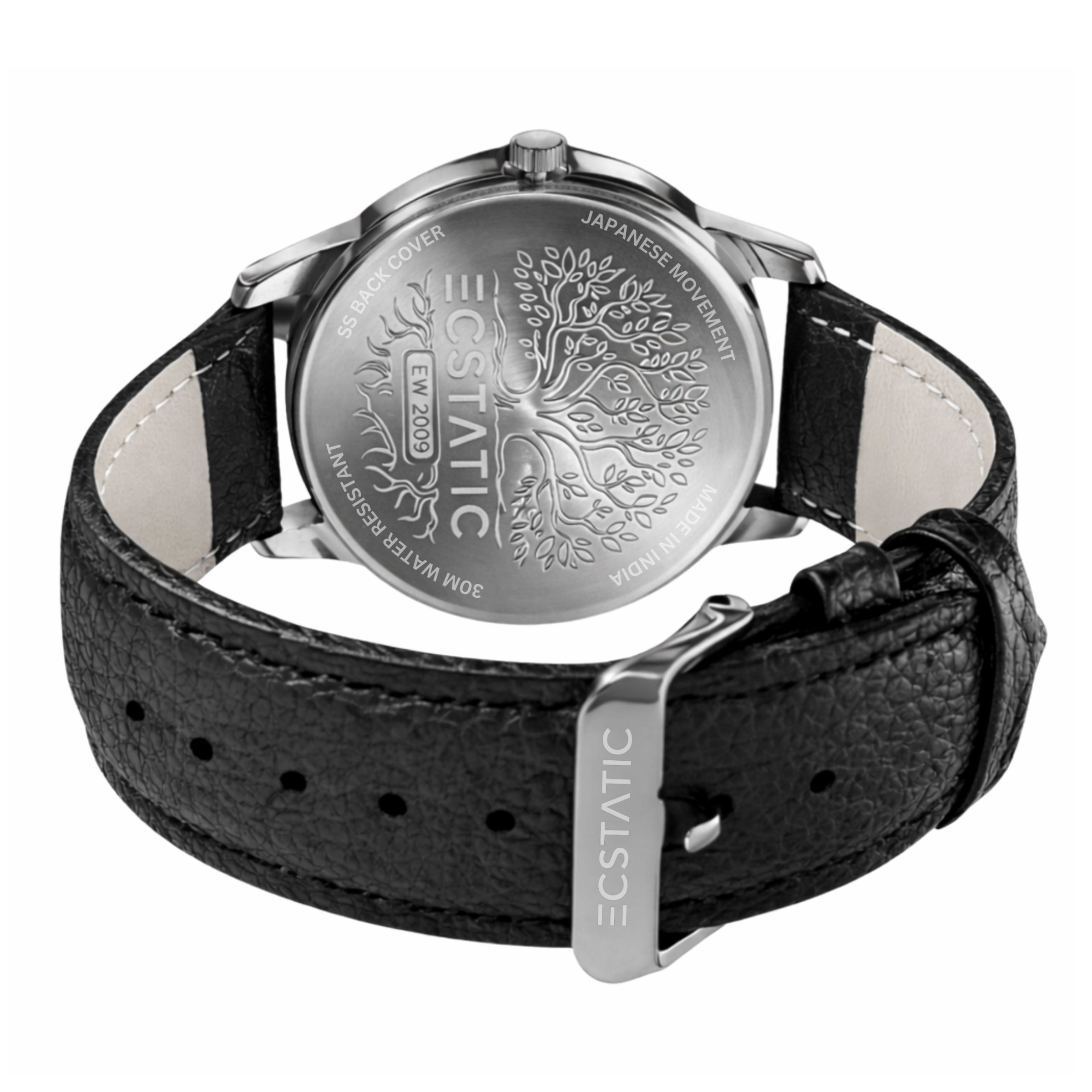 ECSTATIC - Gun plated, Metal case, Genuine black leather strap, Grey dial, Day & date, Men's watch