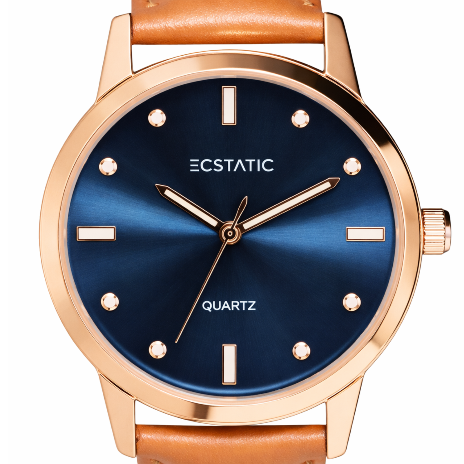 ECSTATIC - Gold plated, Metal case, Genuine Tan leather, Blue dial, Men's watch