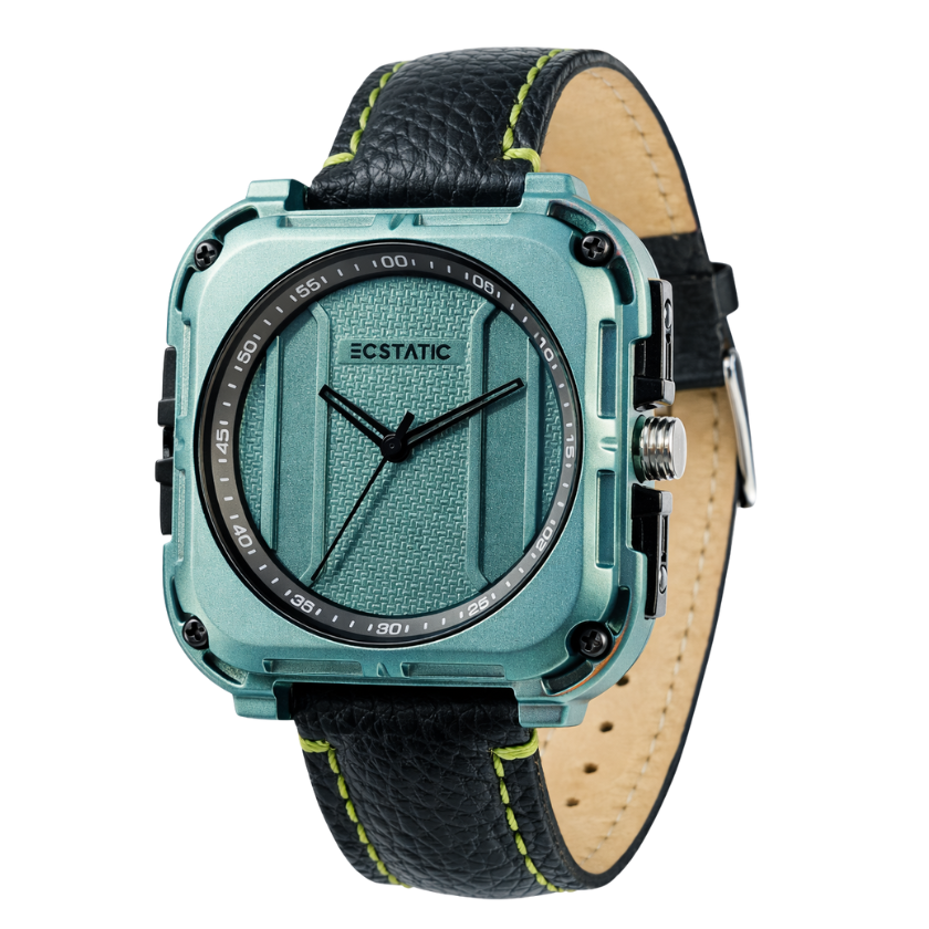 ECSTATIC Quartz Analog Square Dial Green Case & Black Leather Strap Watch for Men