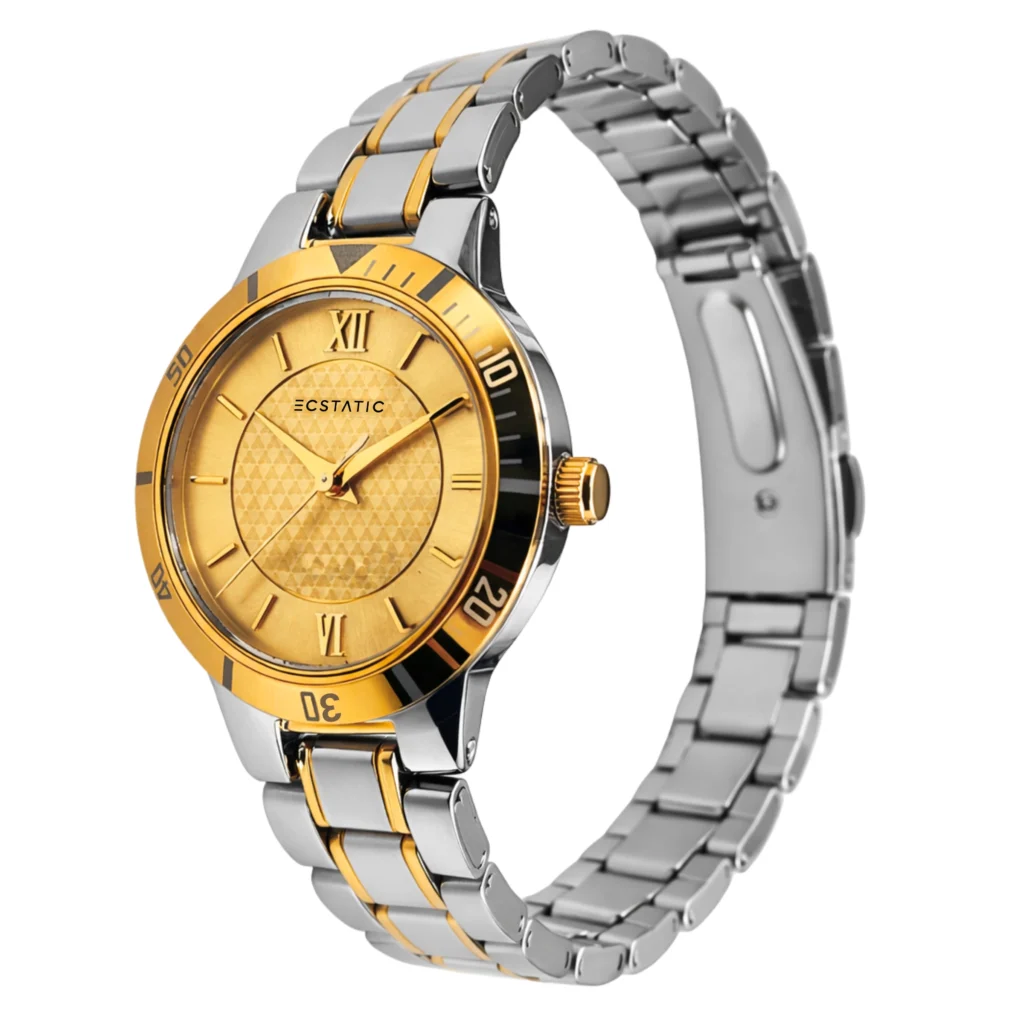 ECSTATIC - Bi-colour plated, Metal case, Metal band, Golden dial, Couple Watch