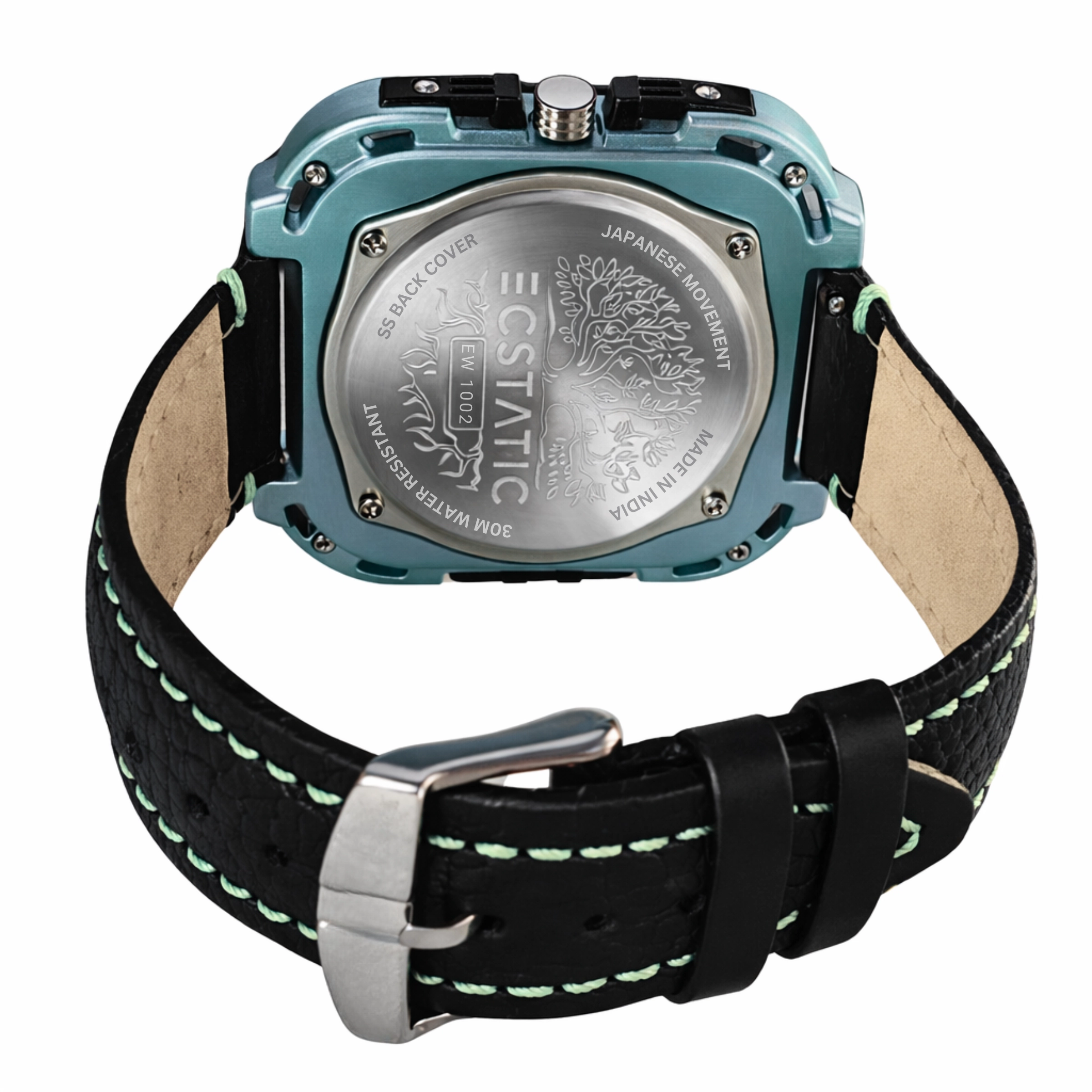 ECSTATIC – Quartz Analog Square Fibre Green Case, Leather Strap, Men’s Watch