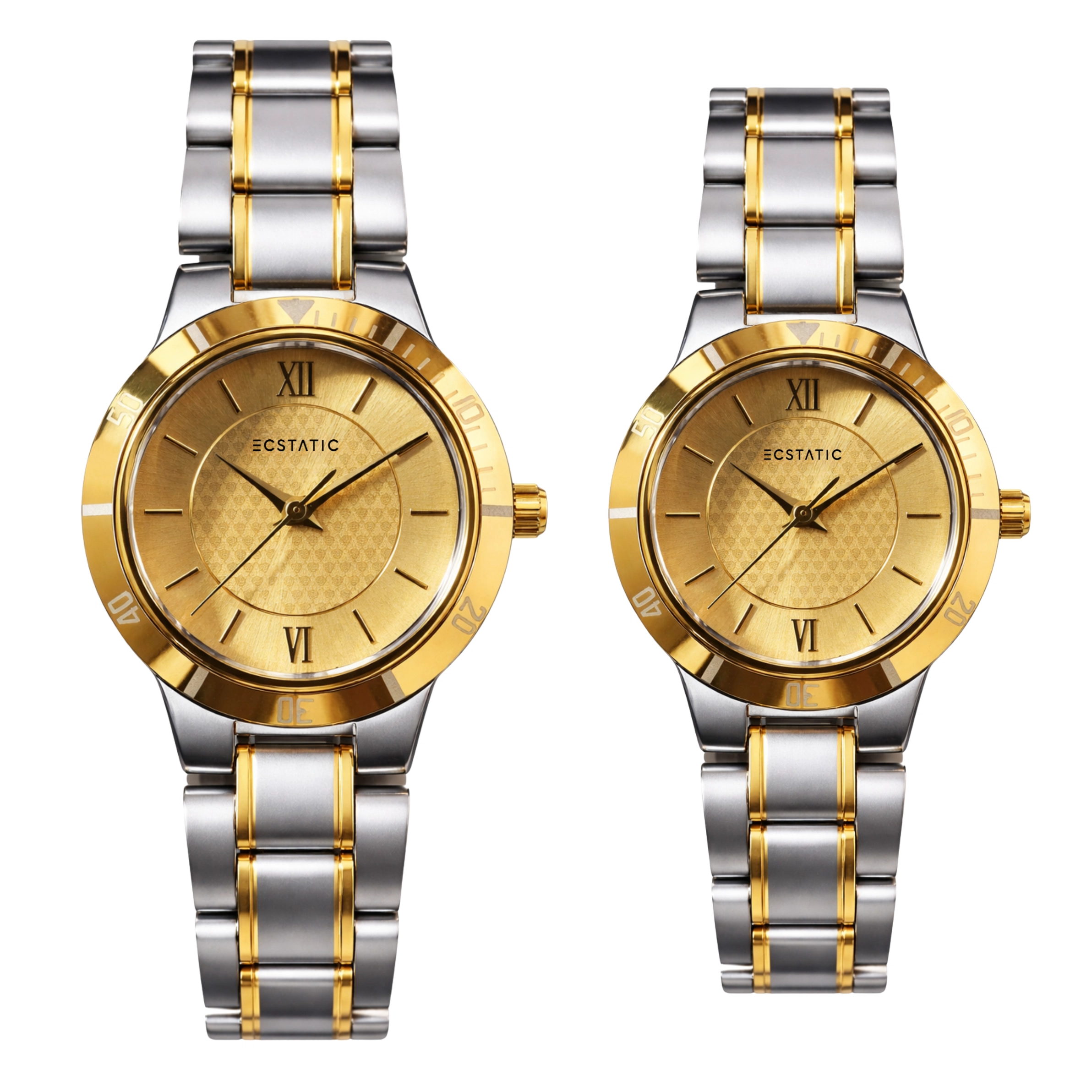 ECSTATIC - Bi-colour plated, Metal case, Metal band, Golden dial, Couple Watch