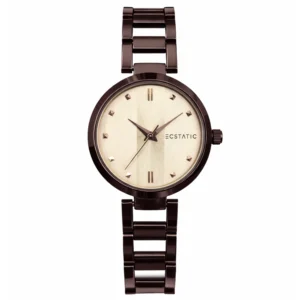 ECSTATIC – Dark Gun Colour, Metal Case, Metal Band, Golden Dial, Women’s Watch