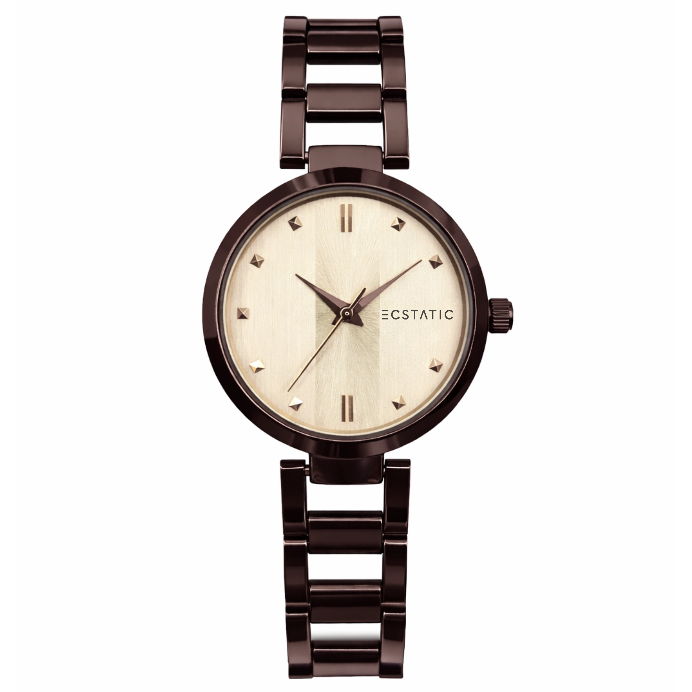 ECSTATIC – Dark Gun Colour, Metal Case, Metal Band, Golden Dial, Women’s Watch