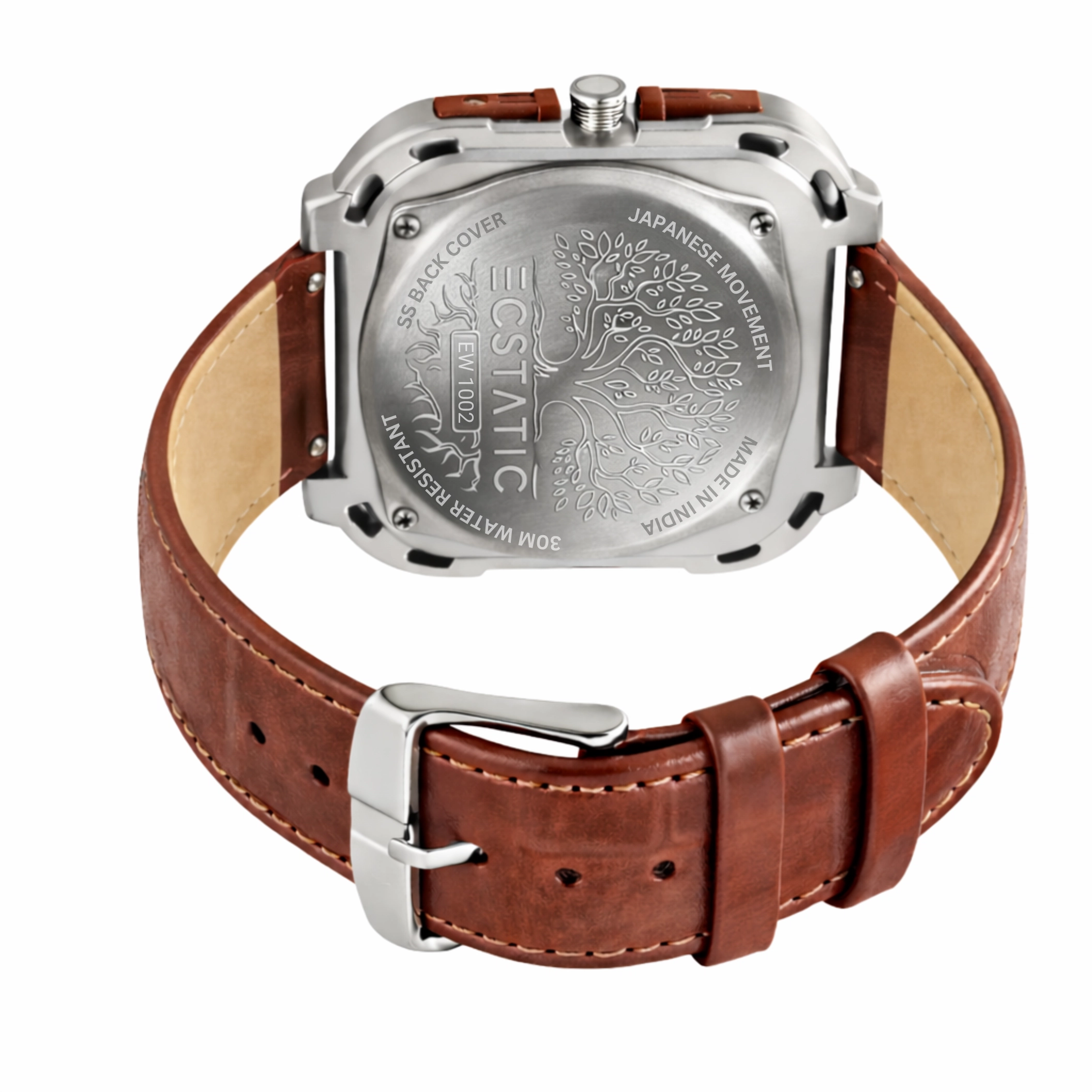 ECSTATIC – Quartz Analog Square Fibre Silver Case, Leather Strap, Men's Watch