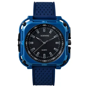 ECSTATIC – Quartz Analog Square Fibre blue Case, Silicon Strap, Men's Watch