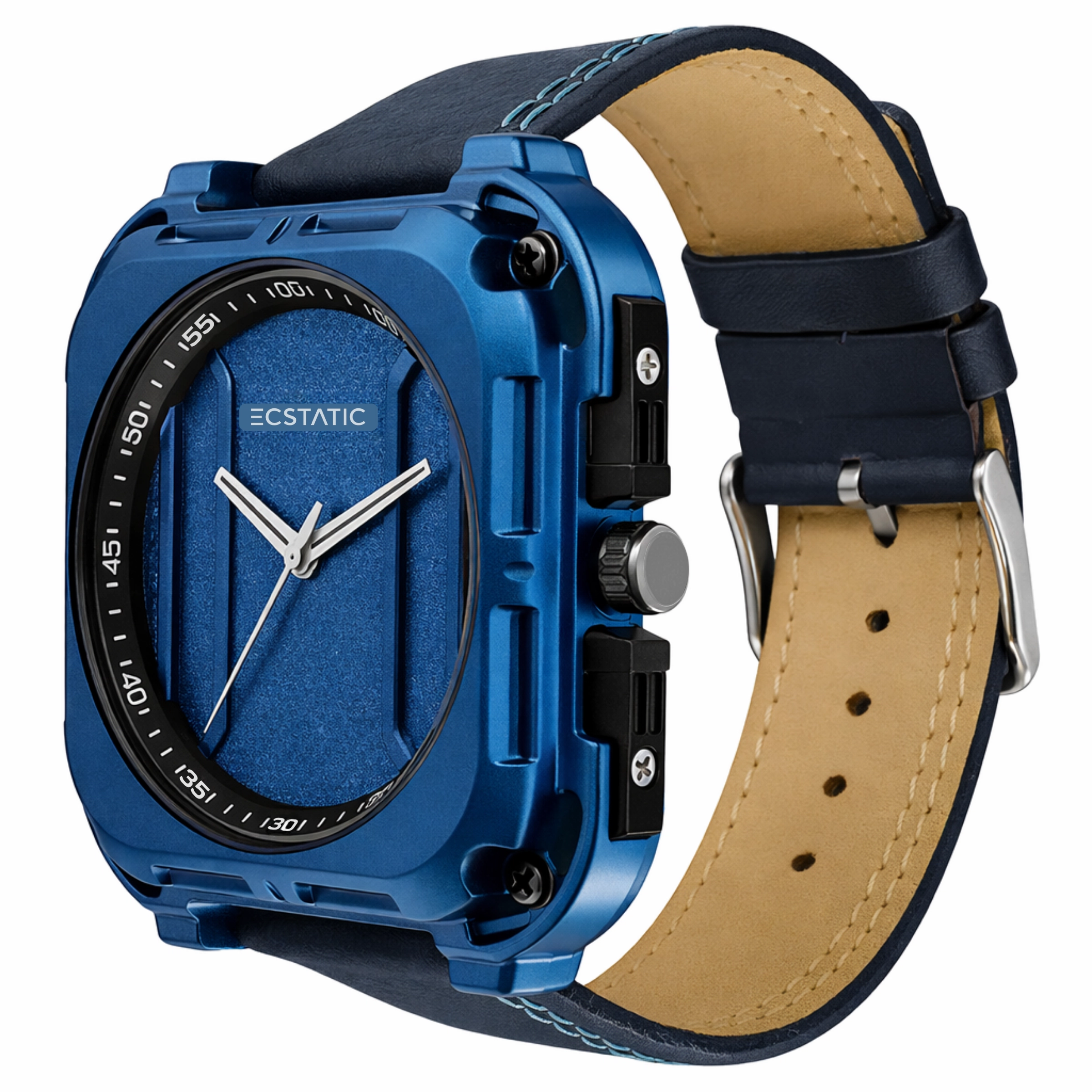 ECSTATIC – Quartz Analog Square Fibre blue Case, Leather Strap, Men's Watch