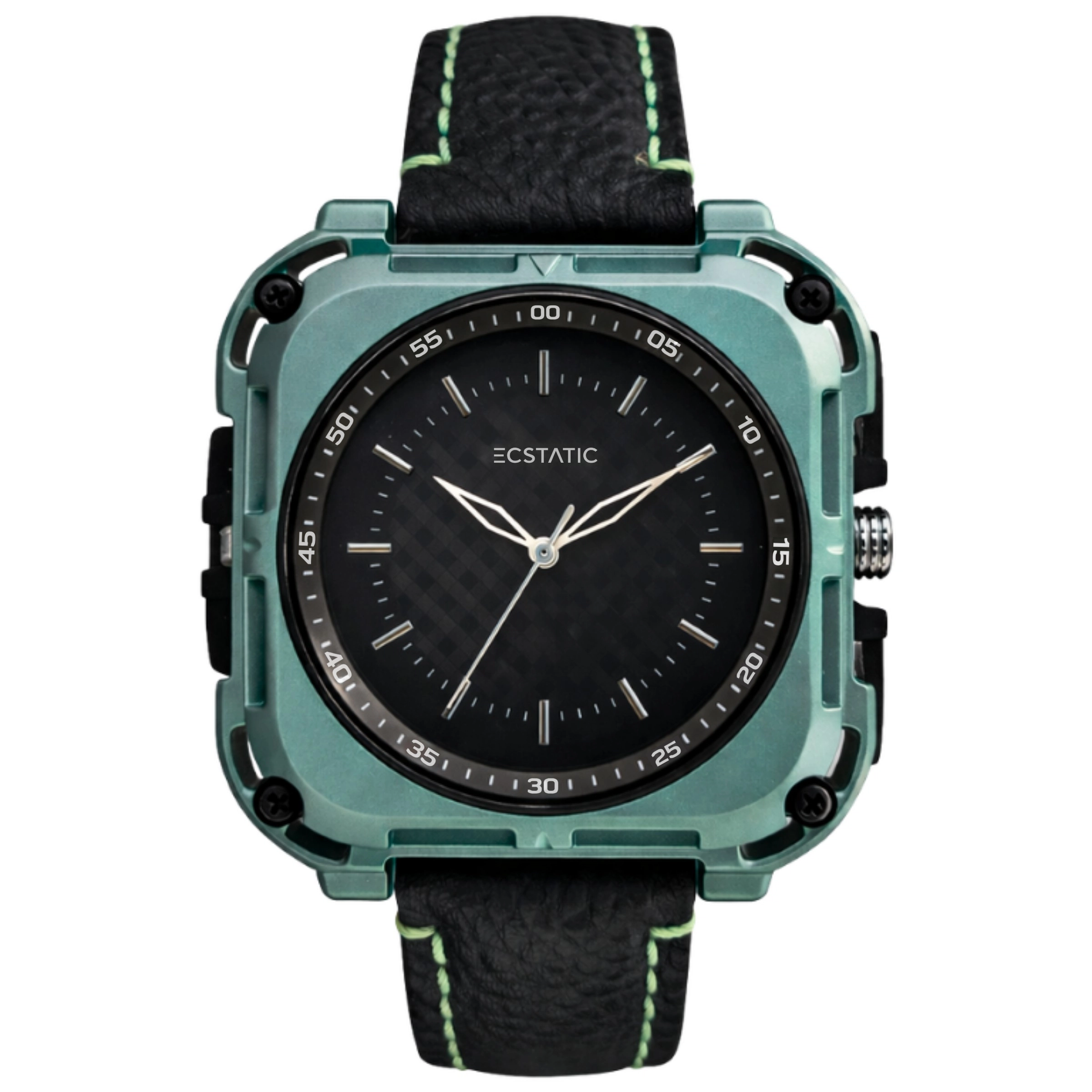 ECSTATIC – Quartz Analog Square Fibre Green Case, Leather Strap, Men’s Watch