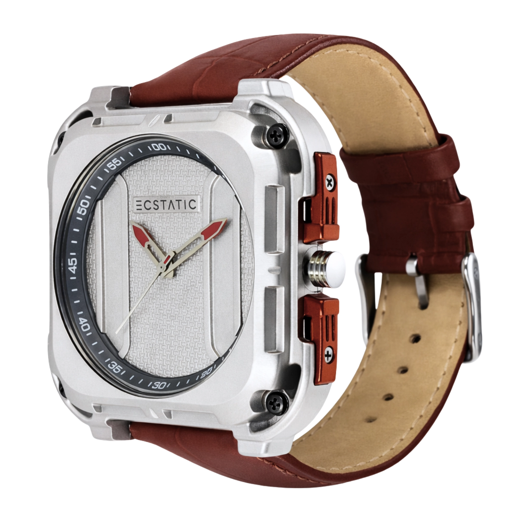 ECSTATIC – Quartz Analog Square Fibre Silver Case, Leather Strap, Men's Watch