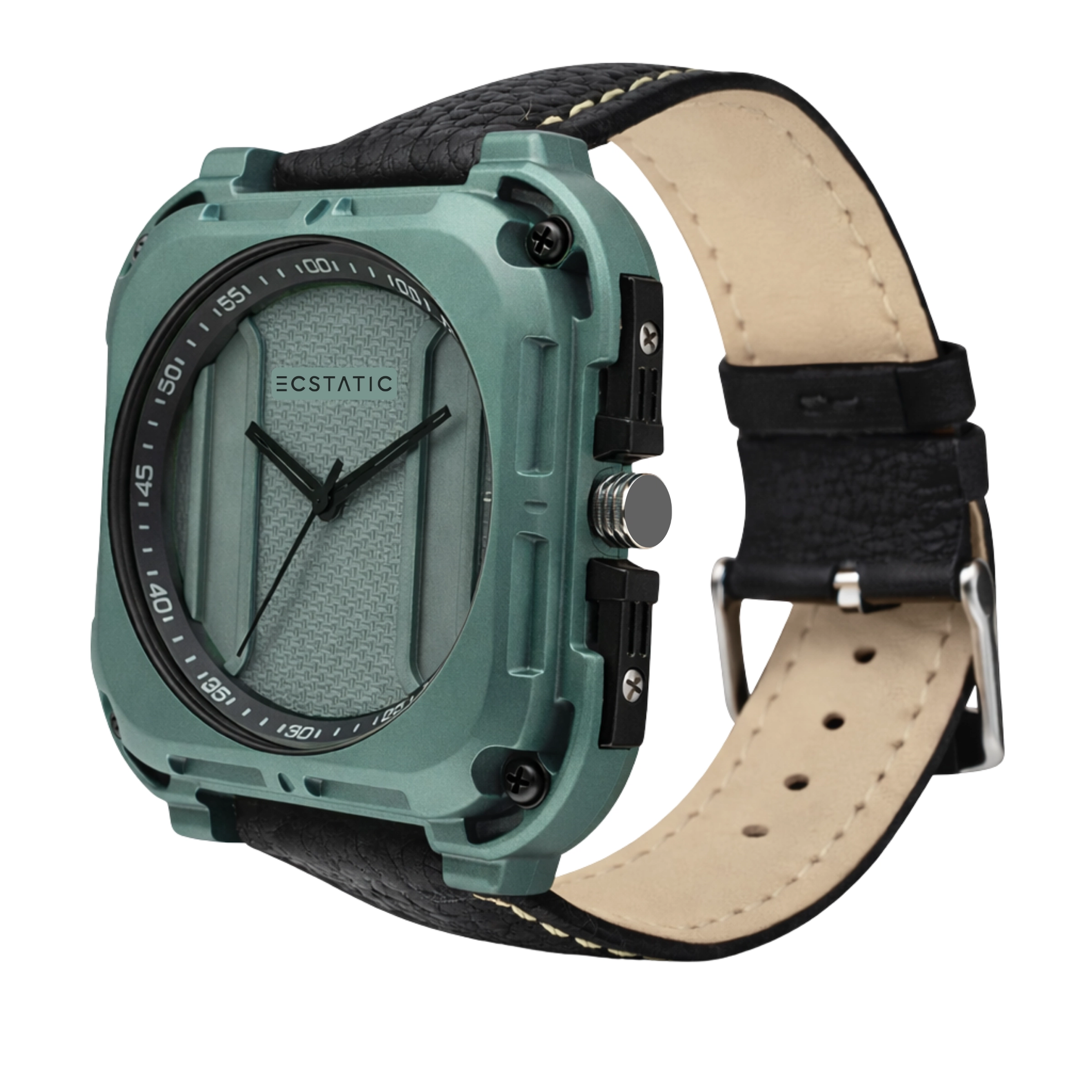 ECSTATIC – Quartz Analog Square Fibre Green Case, Leather Strap, Men’s Watch