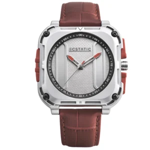 ECSTATIC – Quartz Analog Square Fibre Silver Case, Leather Strap, Men's Watch