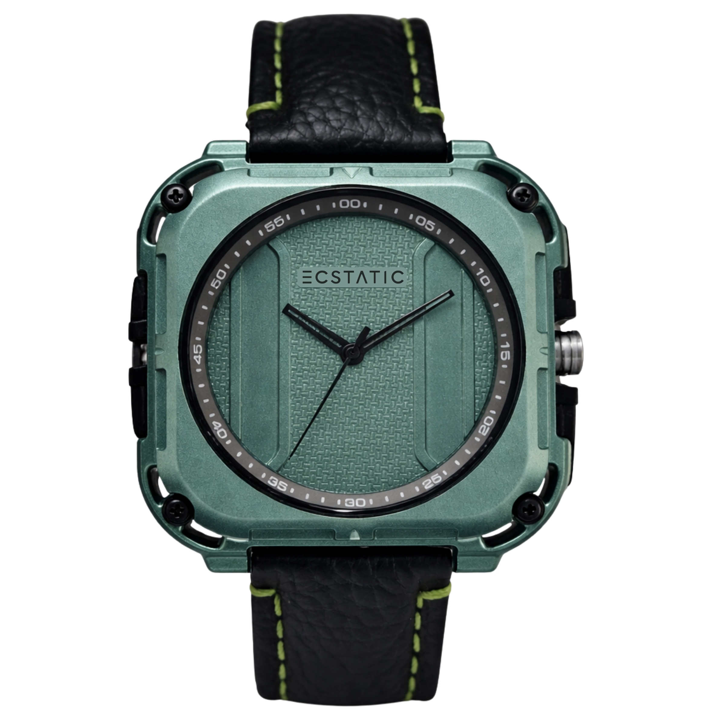 ECSTATIC – Quartz Analog Square Fibre Green Case, Leather Strap, Men’s Watch