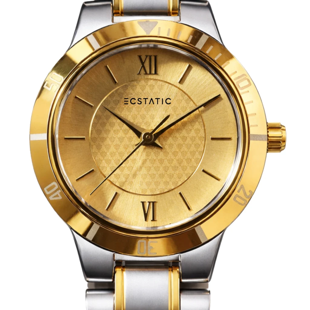 ECSTATIC - Bi-colour plated, Metal case, Metal band, Golden dial, Couple Watch