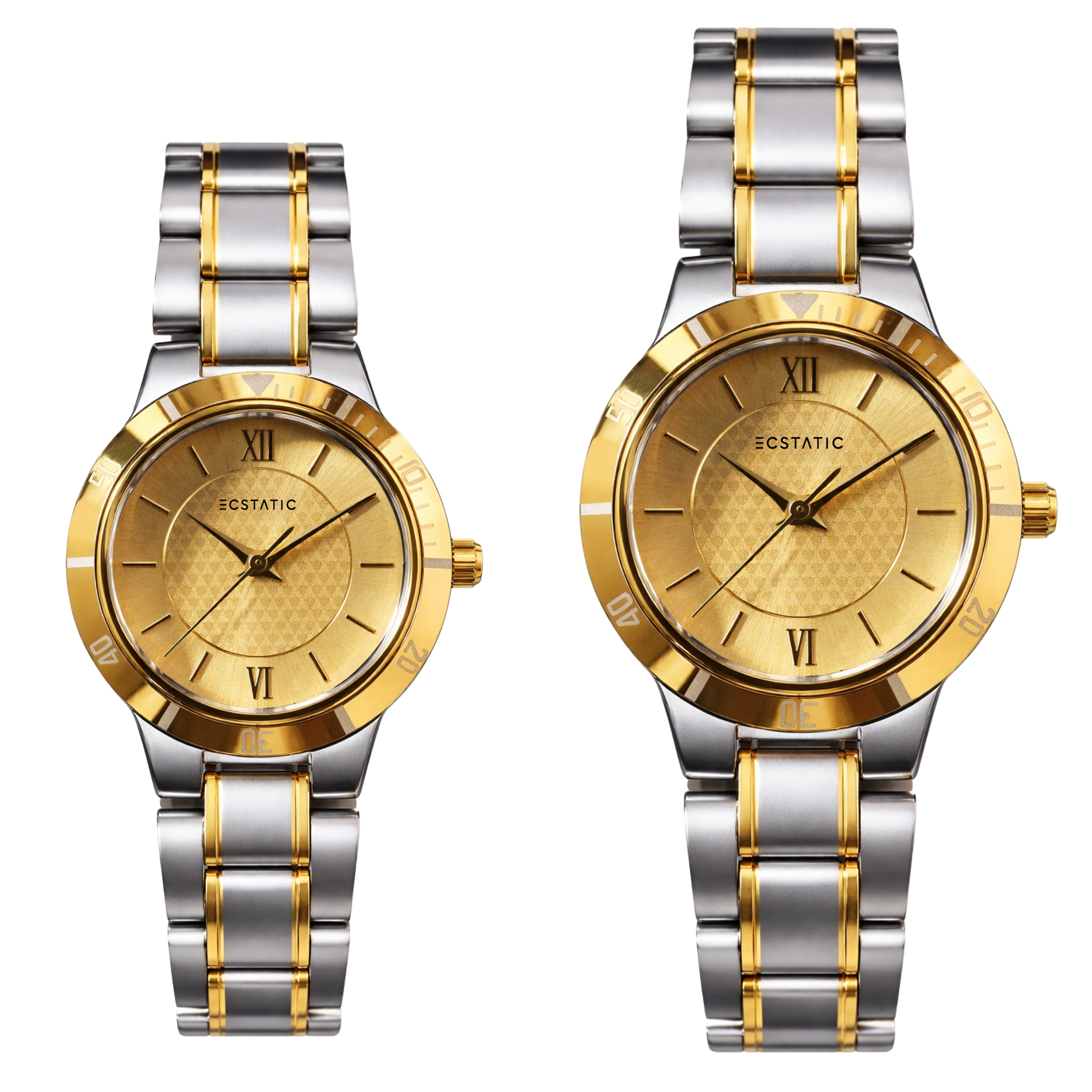 5 ECSTATIC - Bi-colour plated, Metal case, Metal band, Golden dial, Couple Watch (Copy)