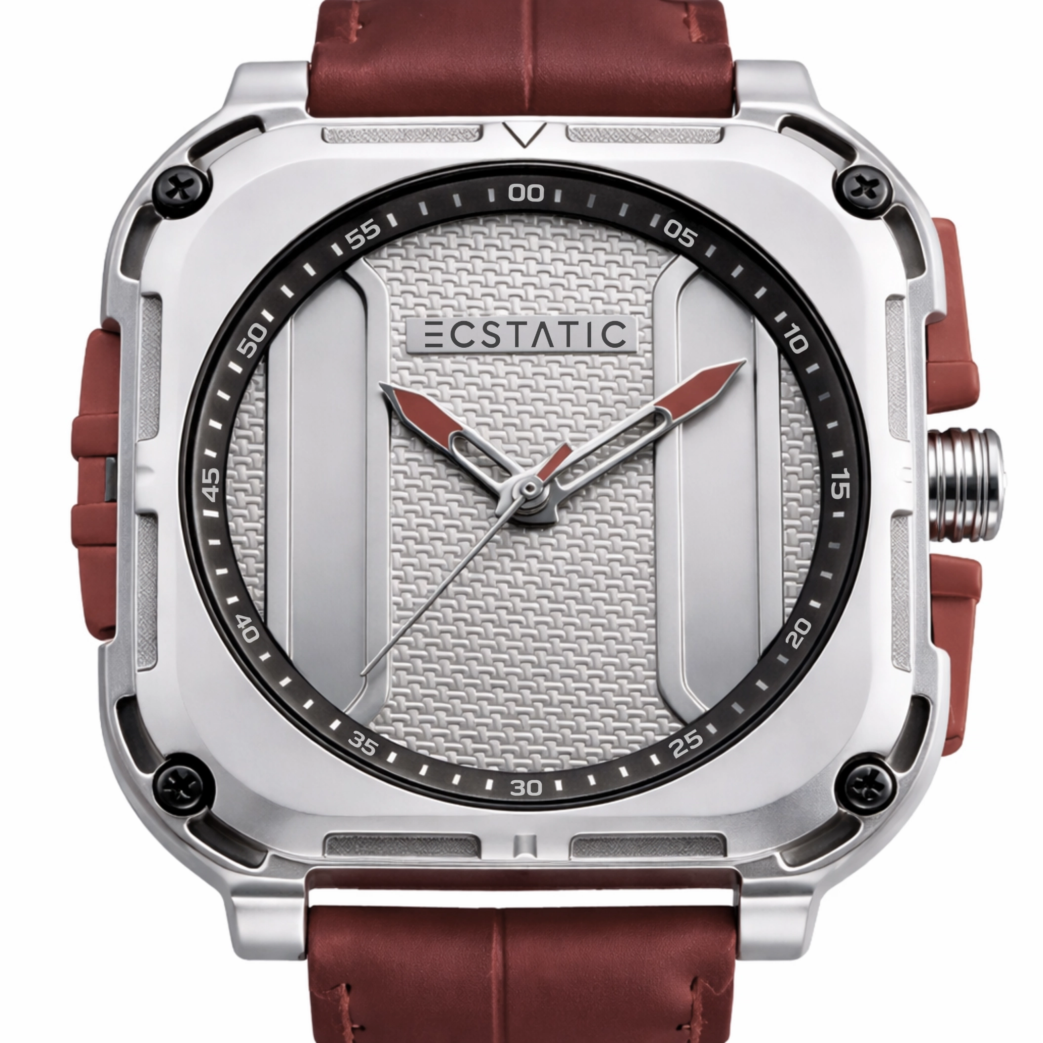 ECSTATIC – Quartz Analog Square Fibre Silver Case, Leather Strap, Men's Watch