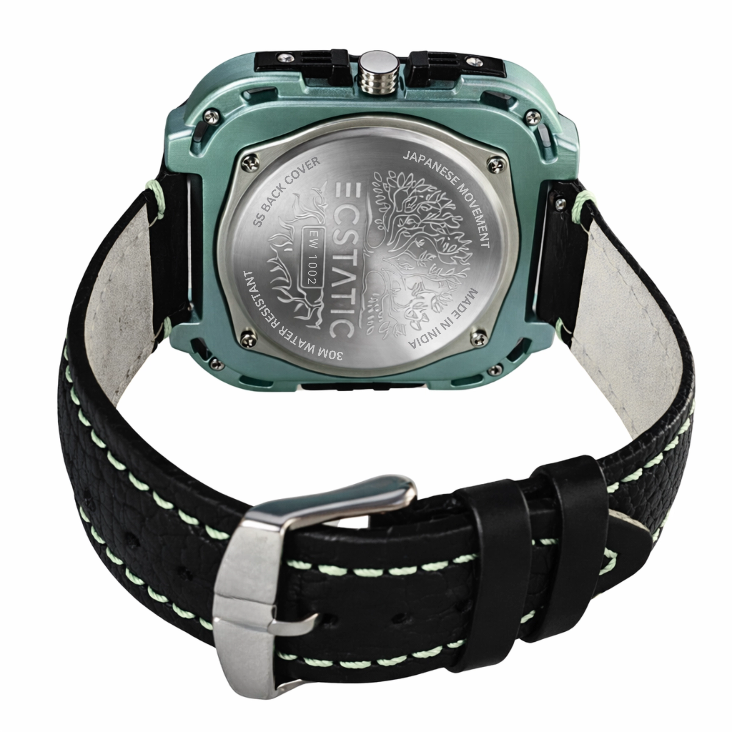 ECSTATIC – Quartz Analog Square Fibre Green Case, Leather Strap, Men’s Watch