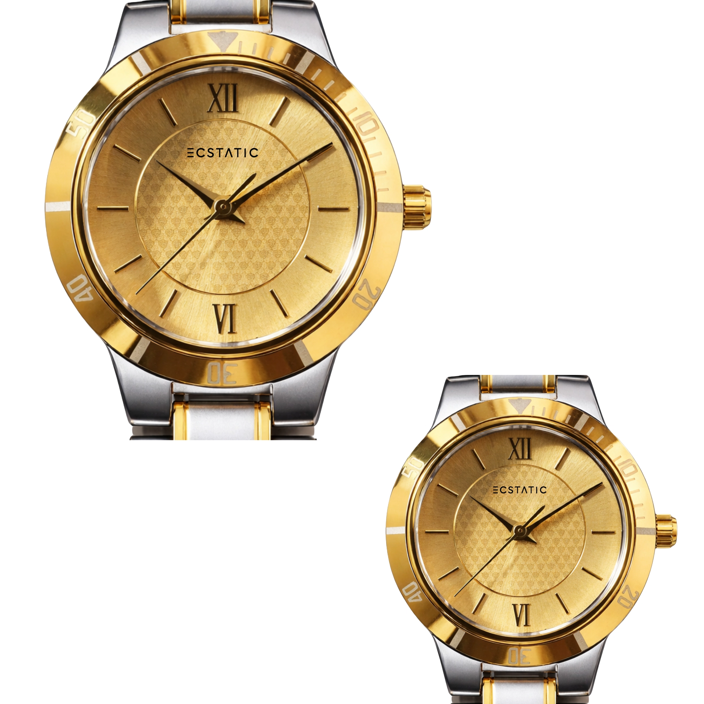 ECSTATIC - Bi-colour plated, Metal case, Metal band, Golden dial, Couple Watch