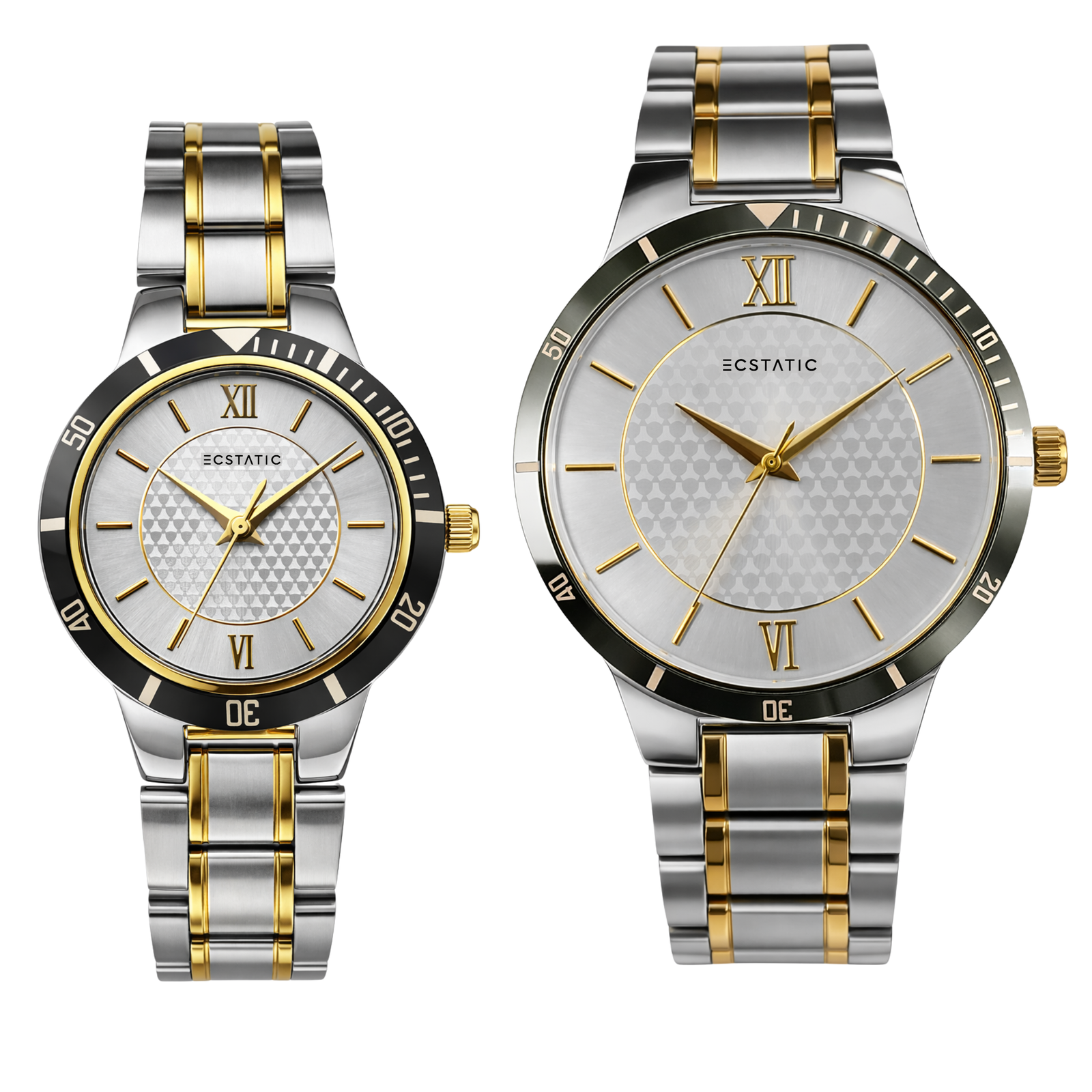 couple watch ECSTATIC - Bi-colour plated, Metal case, Metal band, Silver white dial, Couple Watch