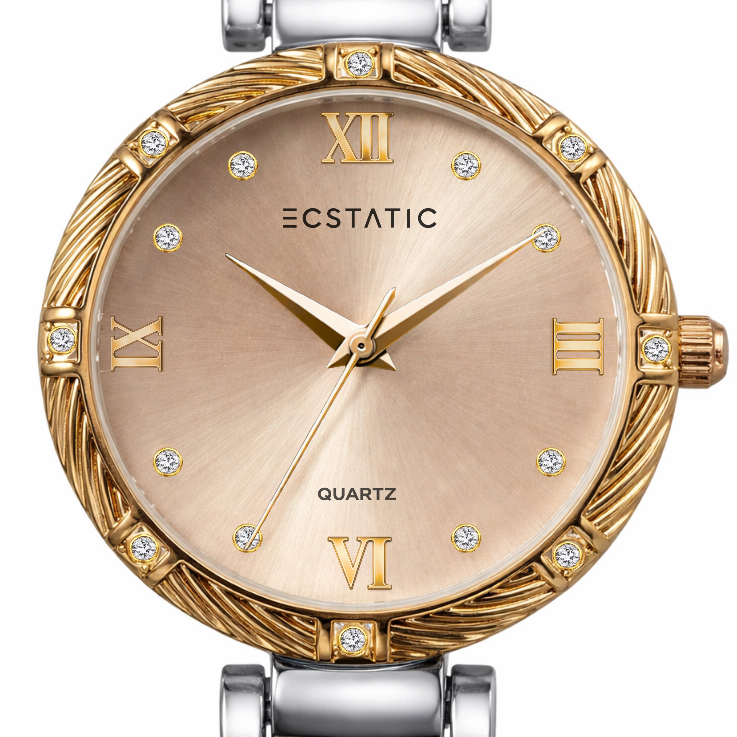 ECSTATIC – Round Design, Bicolour Case, Metal Strap, Gold Dial Women’s Watch