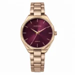 ECSTATIC– Round Design, Rose gold Case, Metal Strap, Maroon Dial Women’s Watch