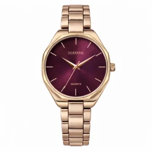 ECSTATIC– Round Design, Rose gold Case, Metal Strap, Maroon Dial Women’s Watch