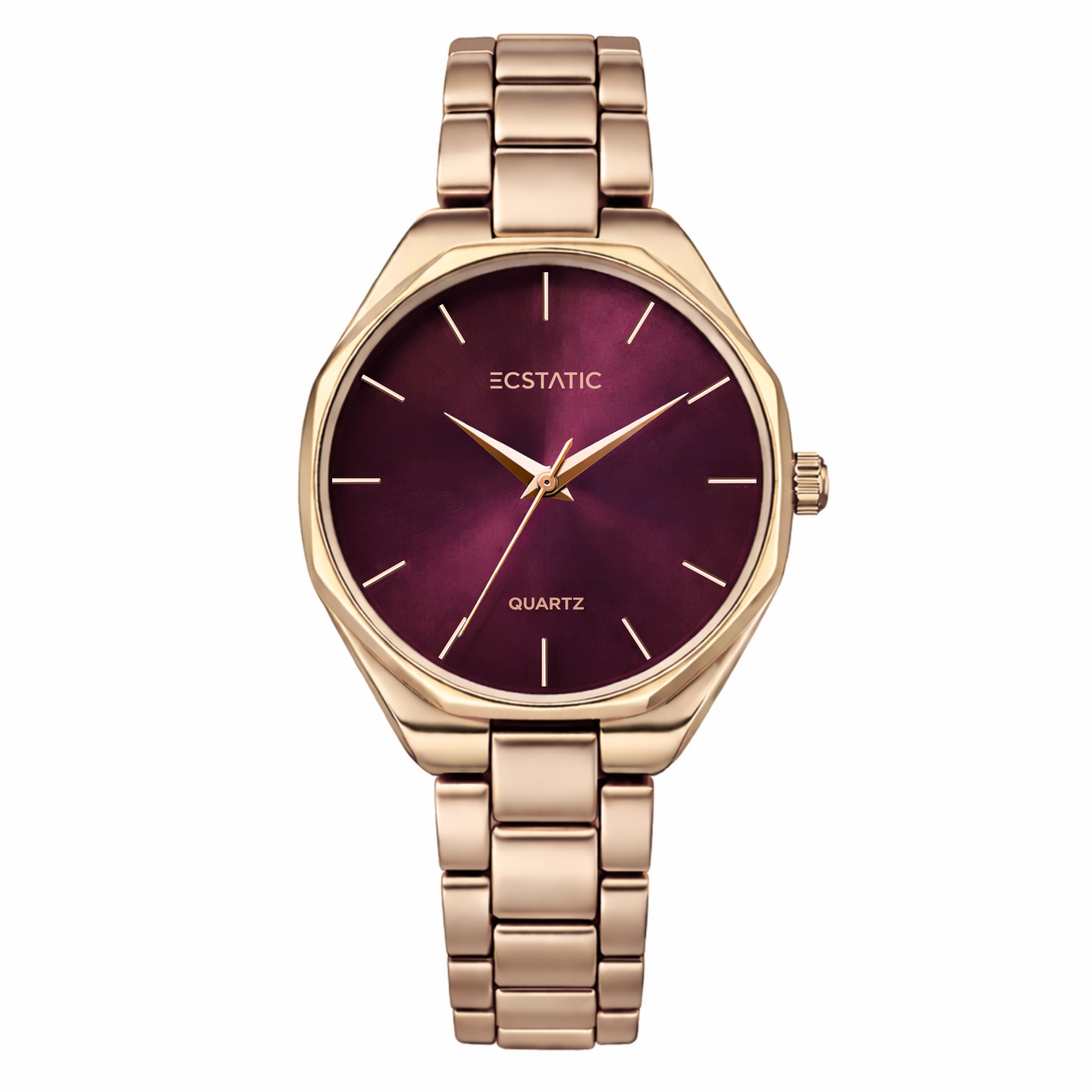 ECSTATIC– Round Design, Rose gold Case, Metal Strap, Maroon Dial Women’s Watch