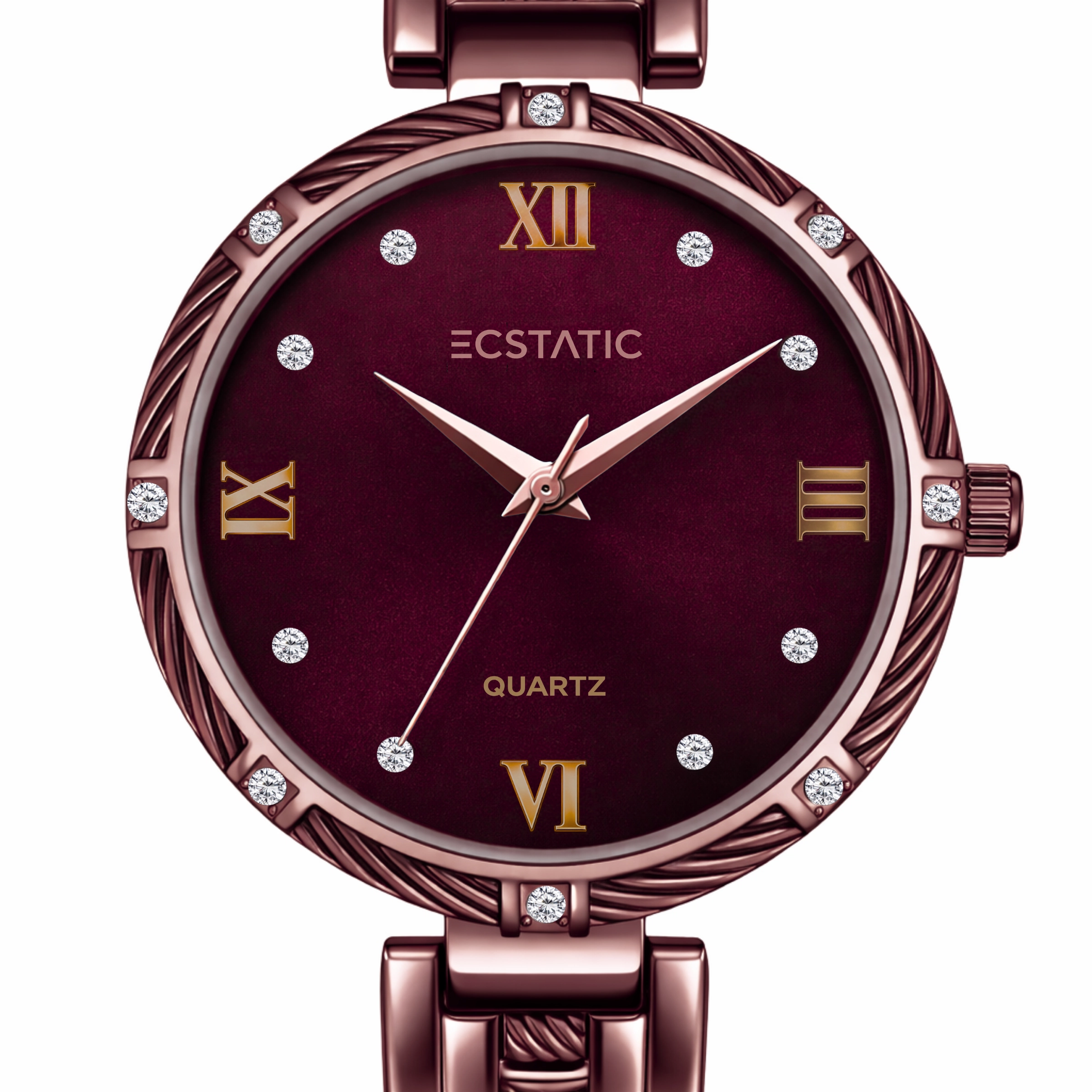 1 ECSTATIC – Round Design, Antique Case, Metal Strap, Maroon Dial Women’s Watch